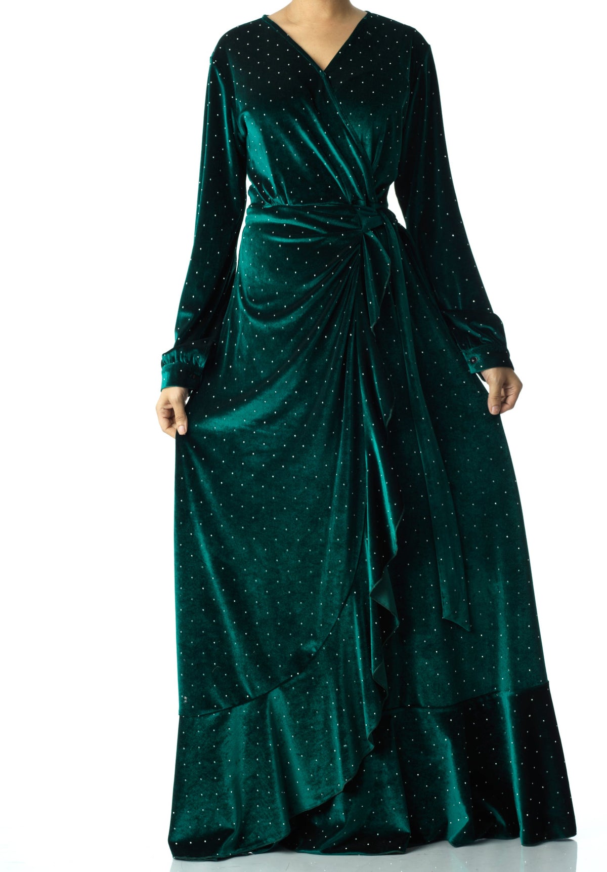 Emerald wrapped velvet modest maxi dress Kabayare