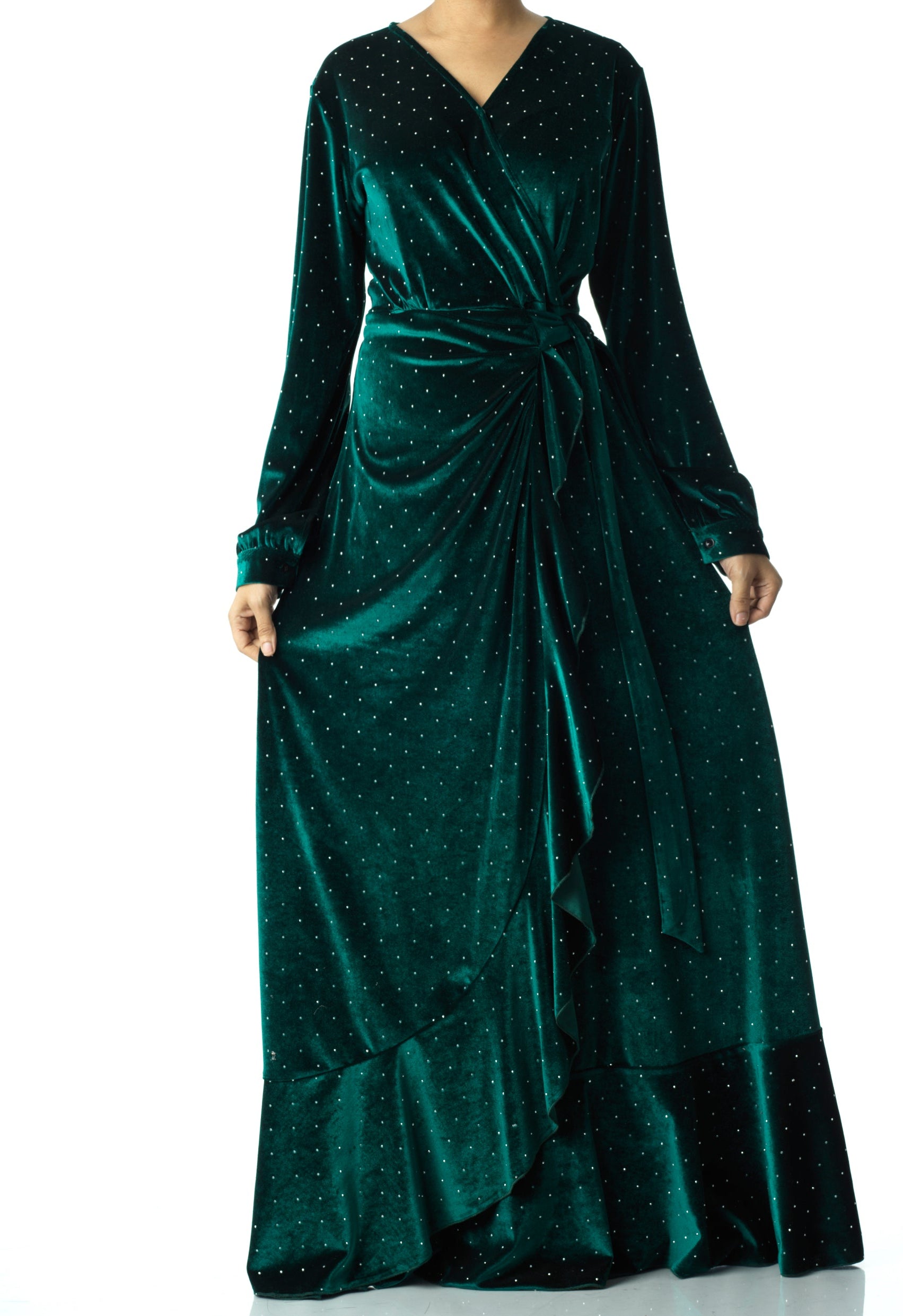 Emerald wrapped velvet modest maxi dress Kabayare