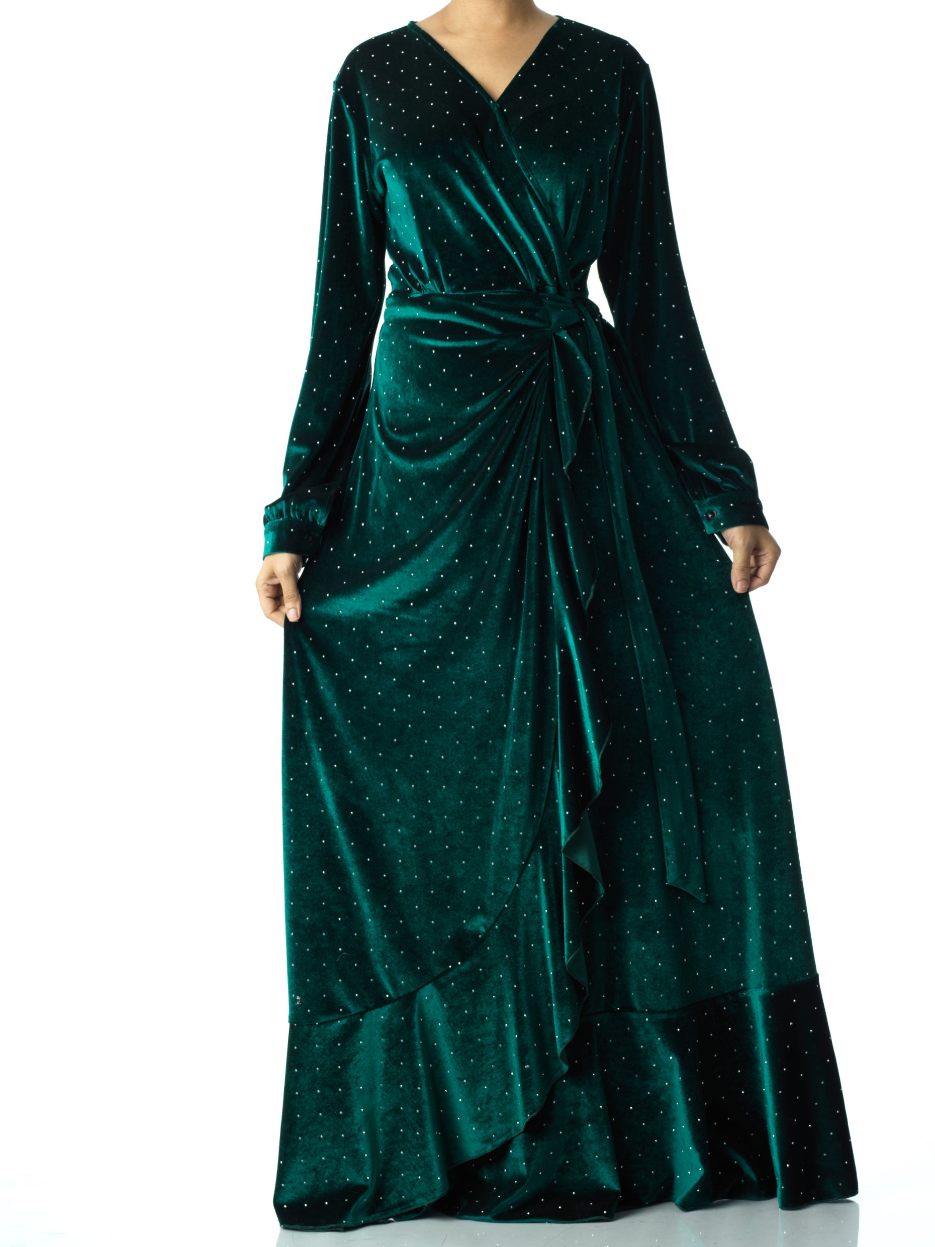 Emerald wrapped velvet modest maxi dress Kabayare