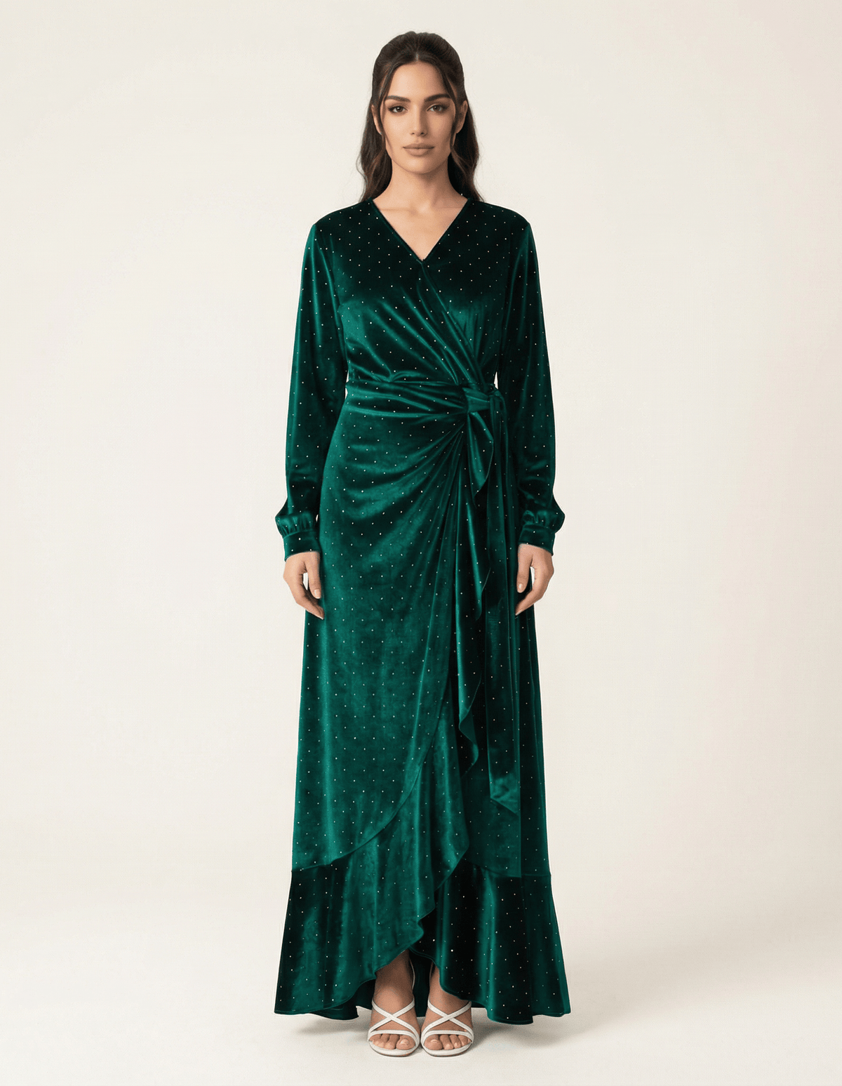 Emerald wrapped velvet modest maxi dress Kabayare