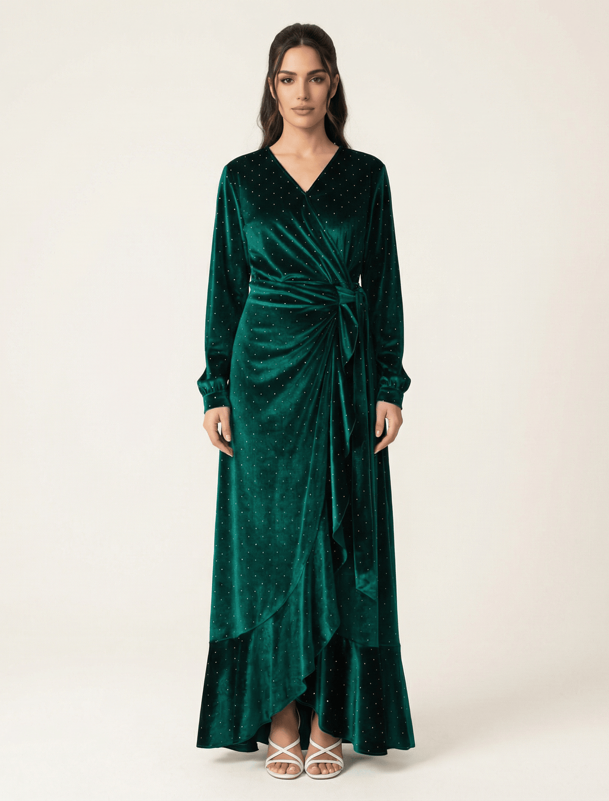 Emerald wrapped velvet modest maxi dress Kabayare
