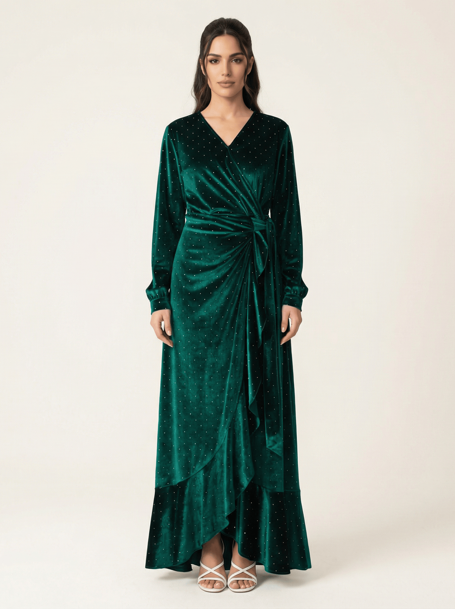 Emerald wrapped velvet modest maxi dress Kabayare