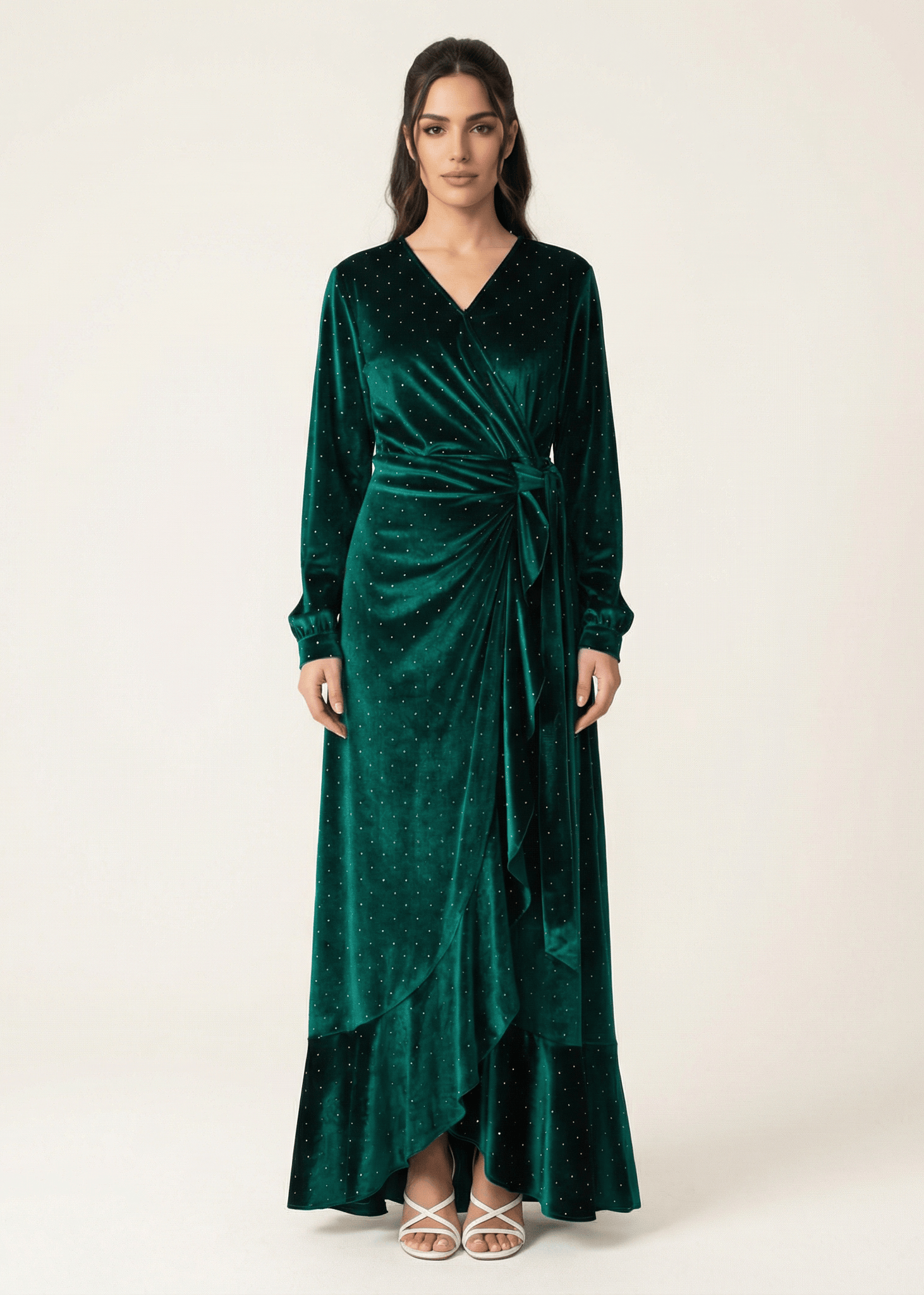 Emerald wrapped velvet modest maxi dress Kabayare