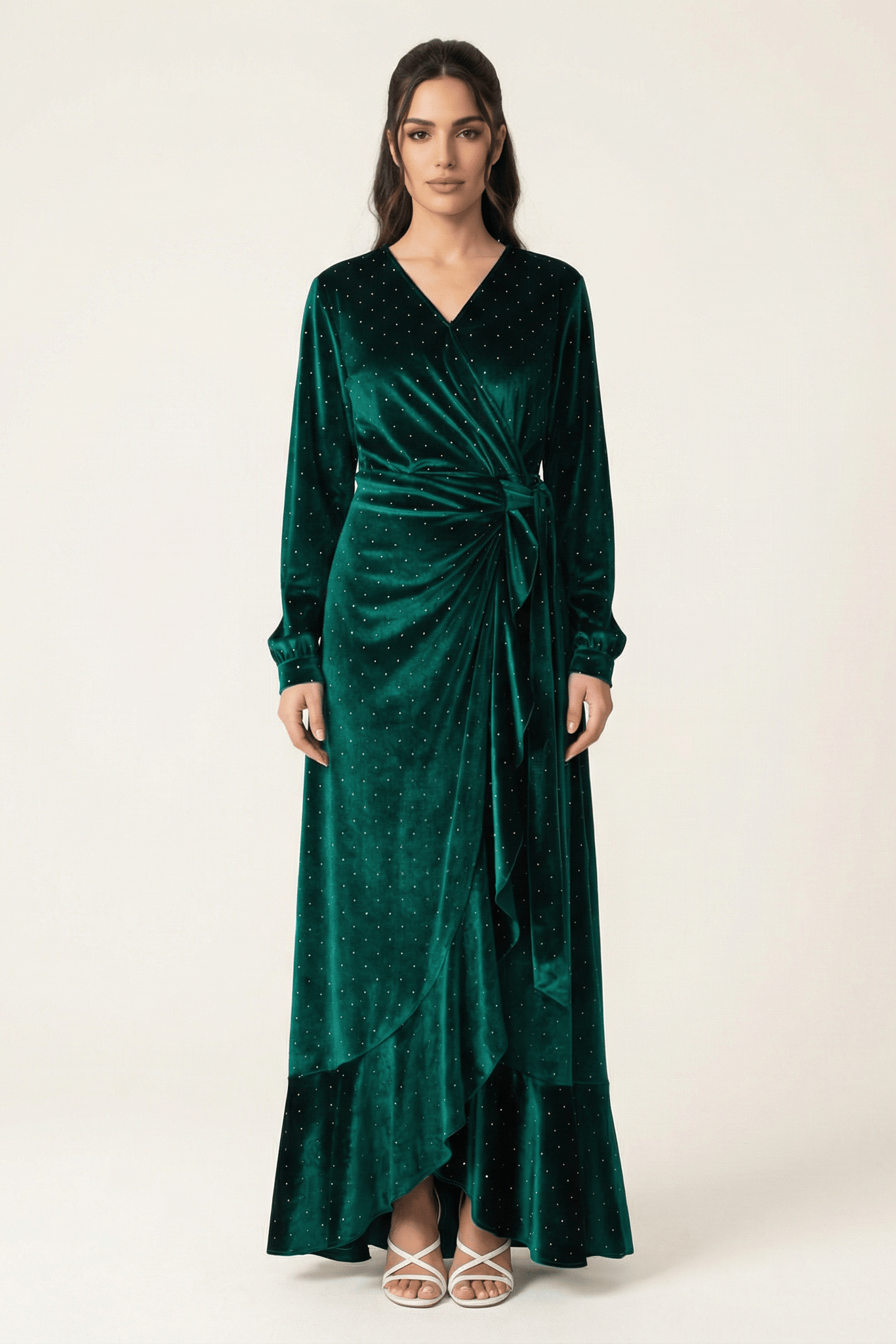 Emerald wrapped velvet modest maxi dress Kabayare