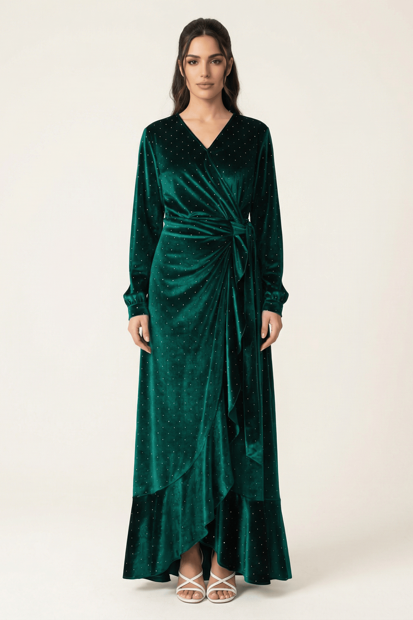 Emerald wrapped velvet modest maxi dress Kabayare