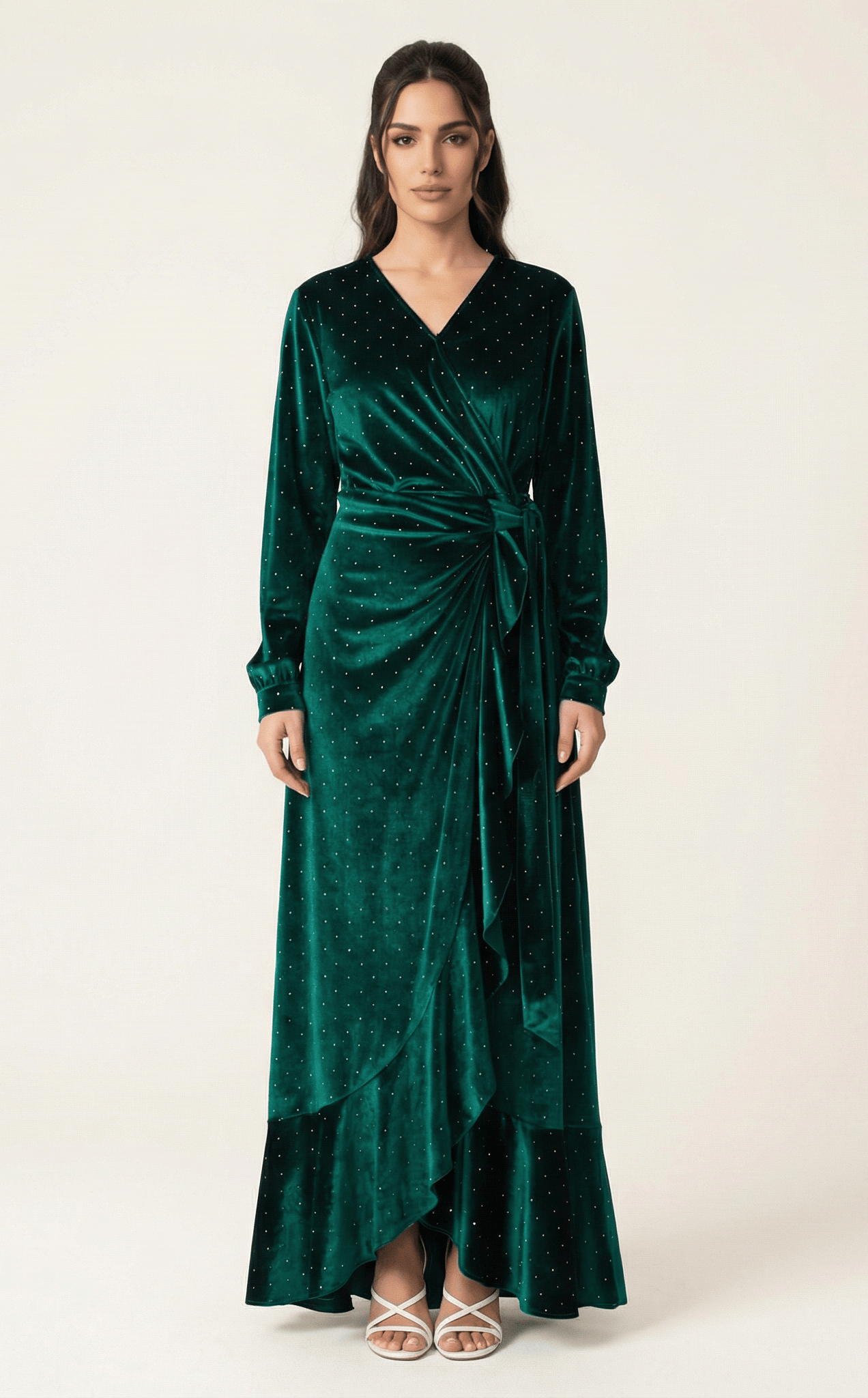 Emerald wrapped velvet modest maxi dress Kabayare
