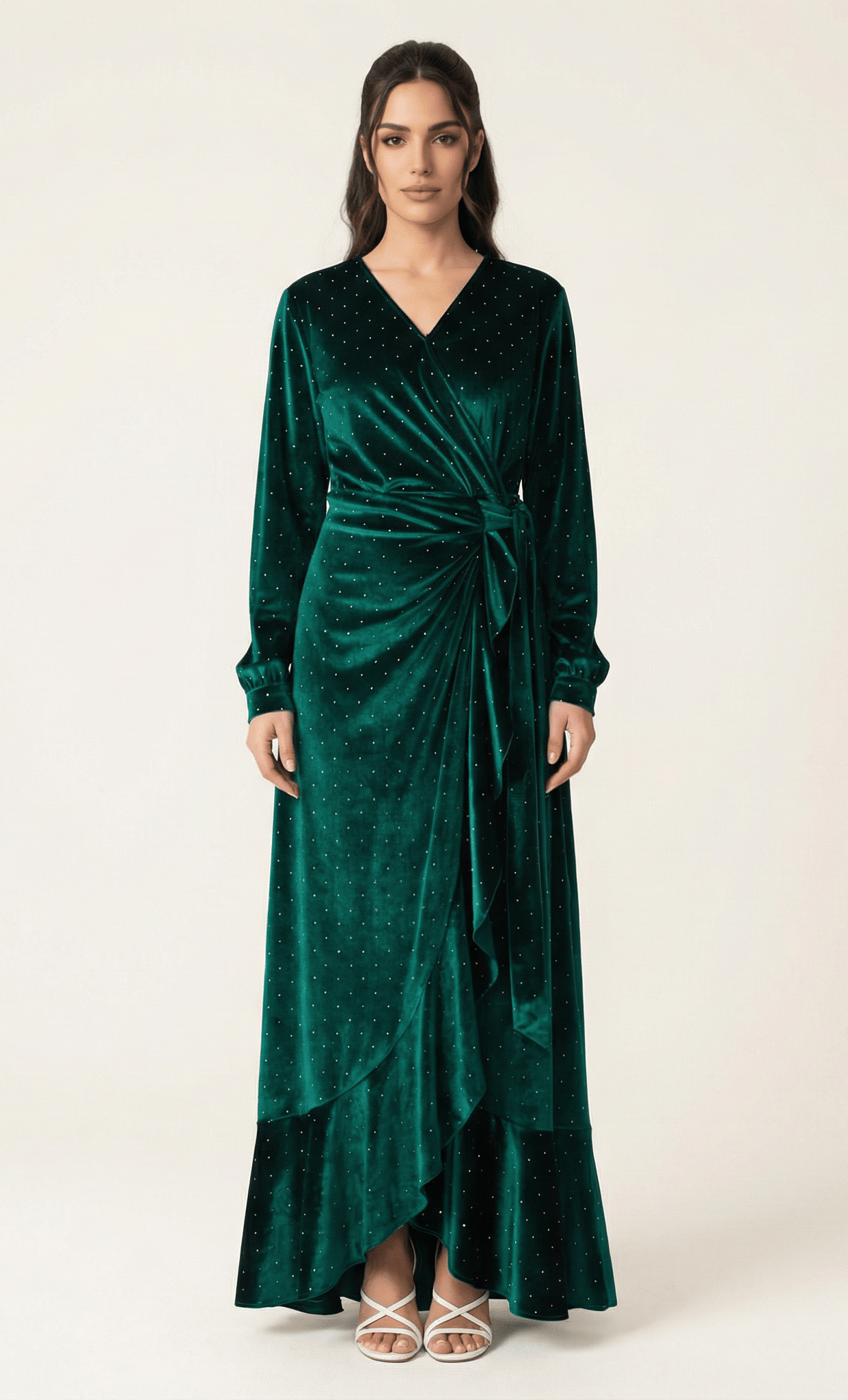 Emerald wrapped velvet modest maxi dress Kabayare