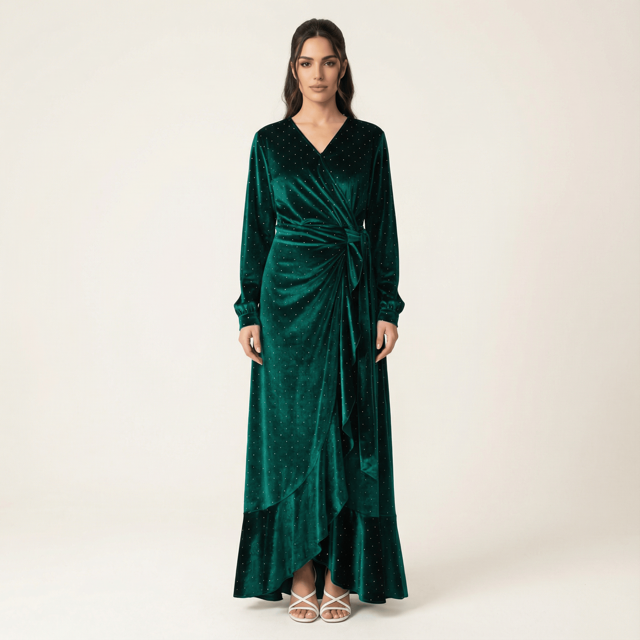 Emerald wrapped velvet modest maxi dress Kabayare
