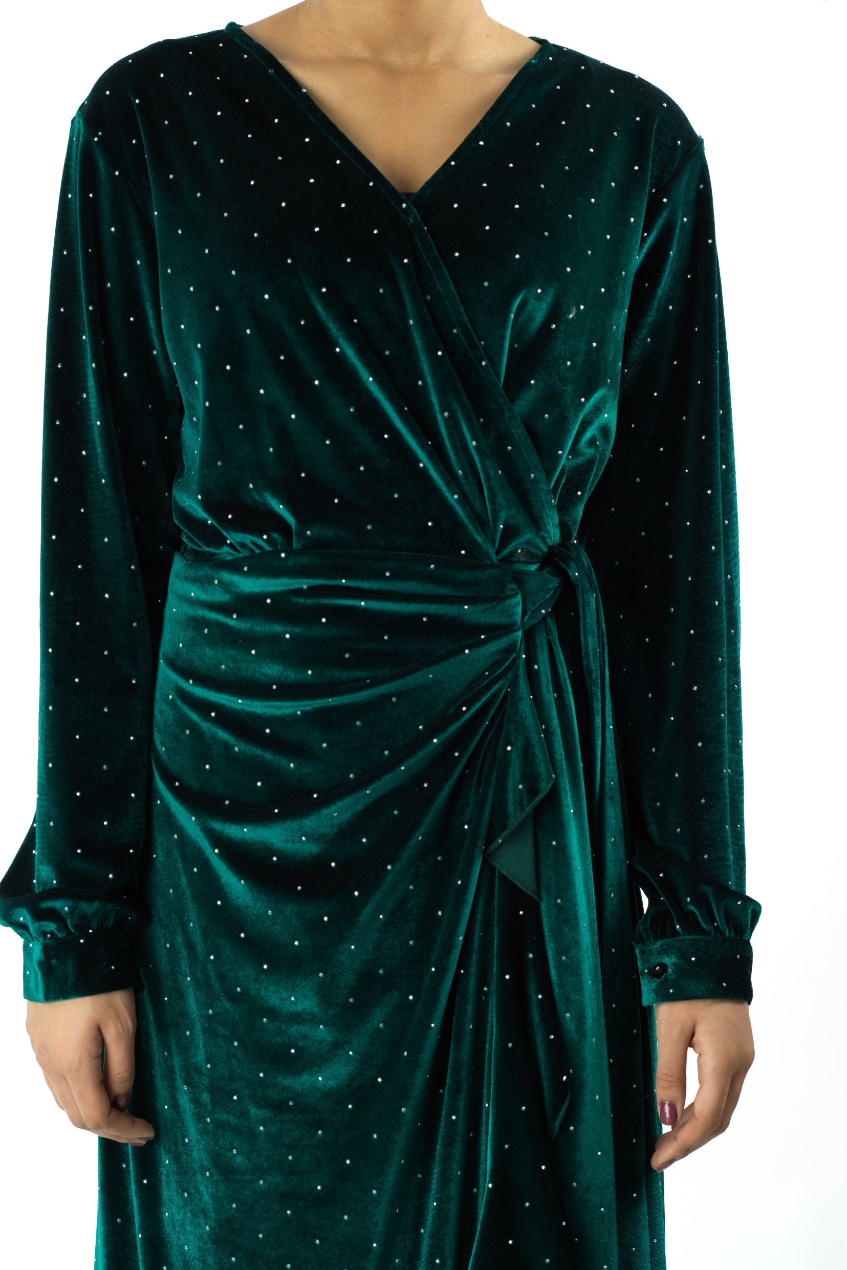 Emerald wrapped velvet modest maxi dress Kabayare