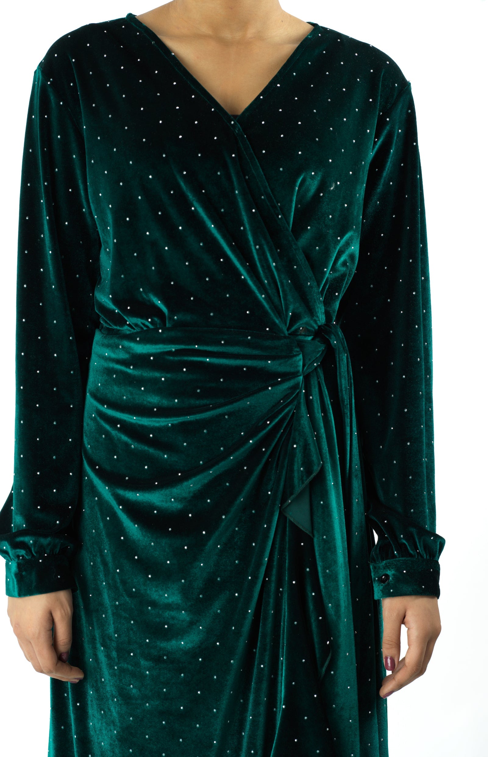 Emerald wrapped velvet modest maxi dress Kabayare