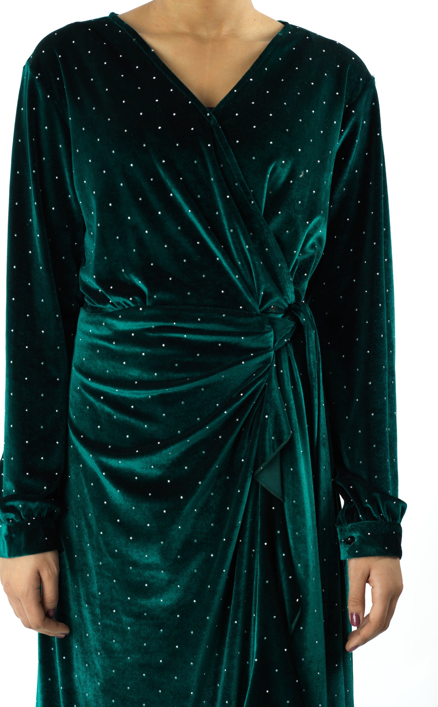 Emerald wrapped velvet modest maxi dress Kabayare