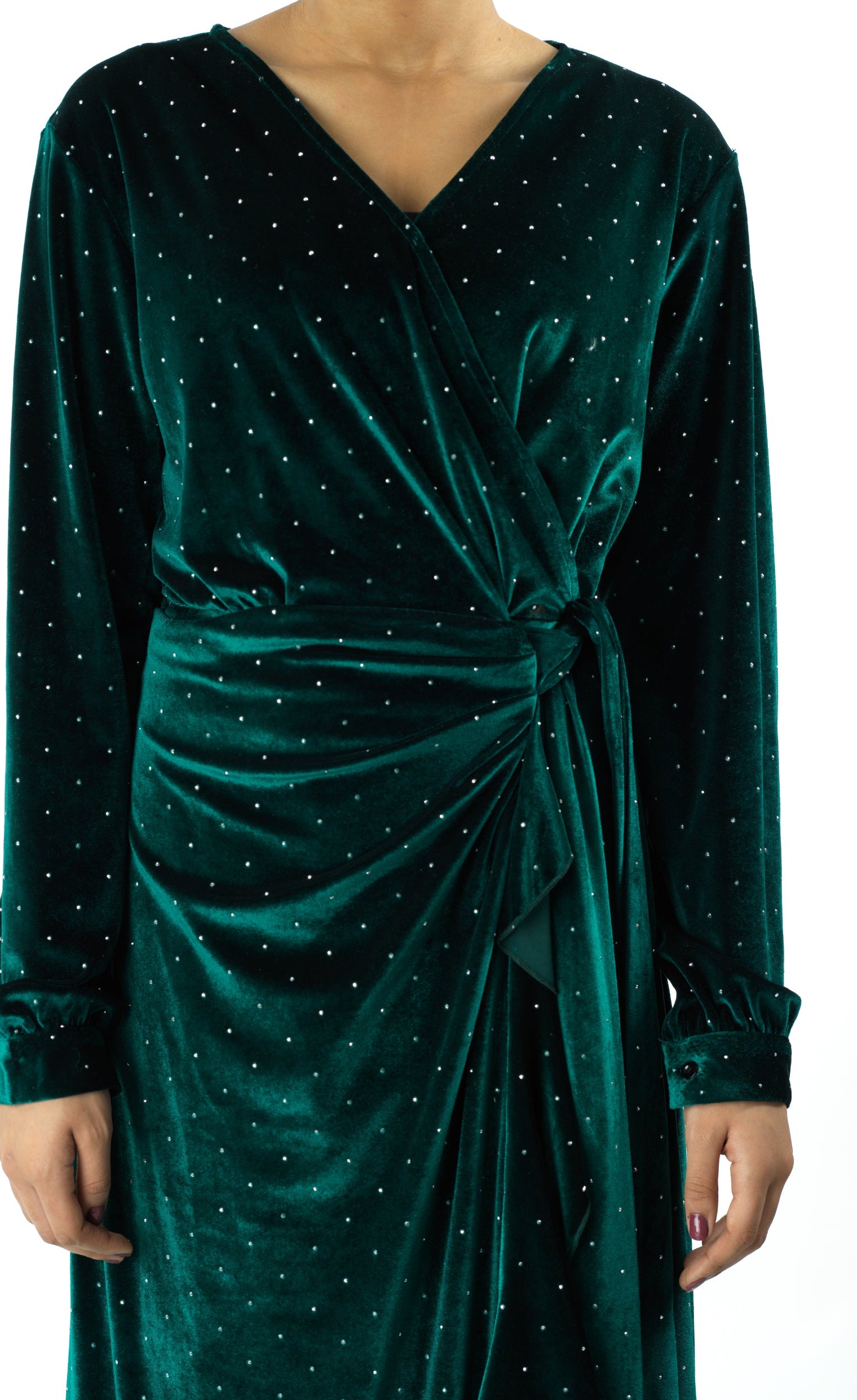 Emerald wrapped velvet modest maxi dress Kabayare