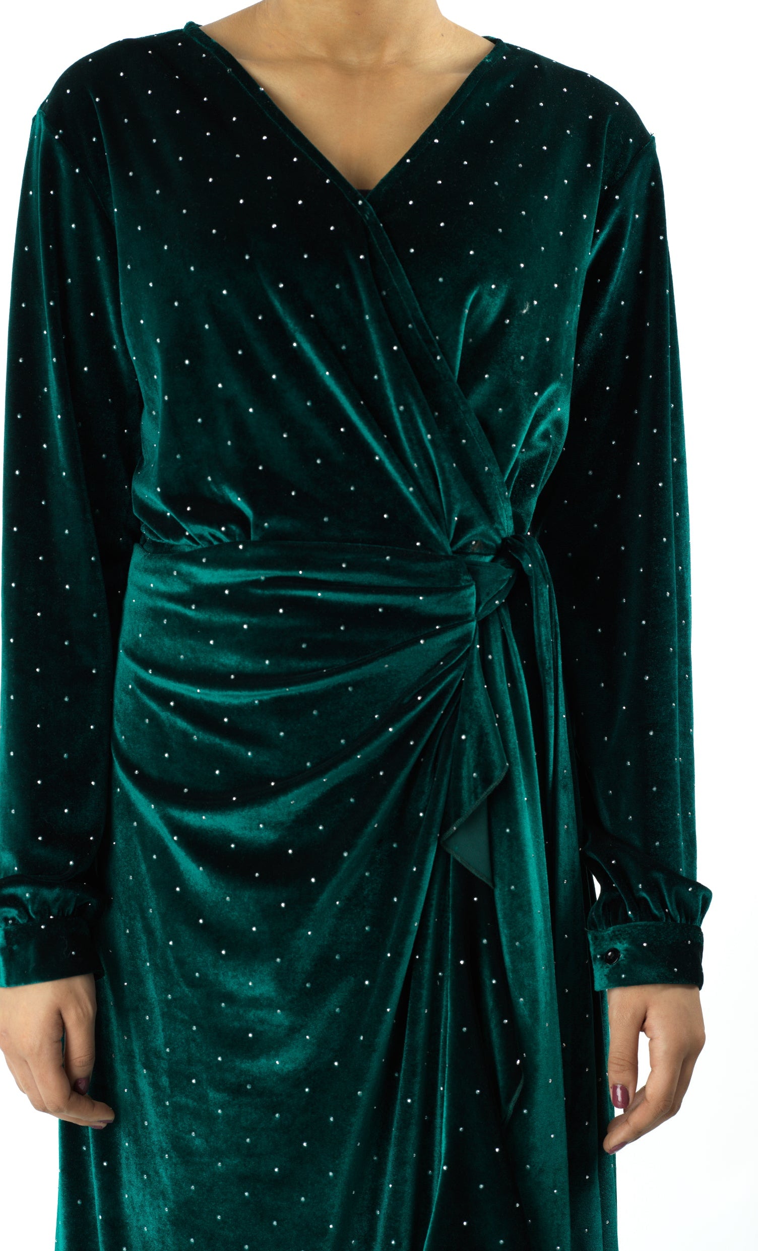 Emerald wrapped velvet modest maxi dress Kabayare