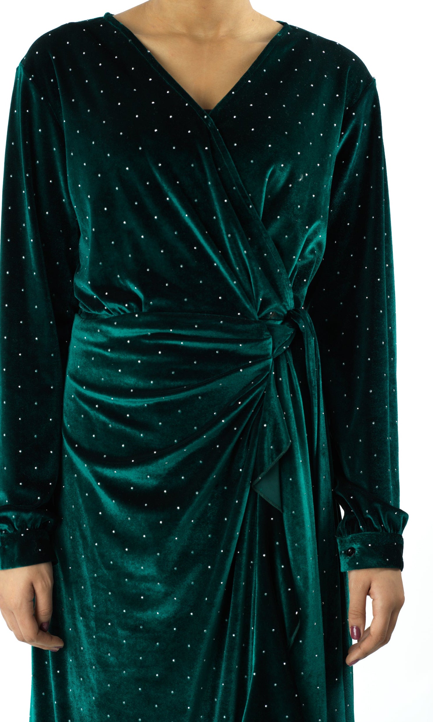 Emerald wrapped velvet modest maxi dress Kabayare