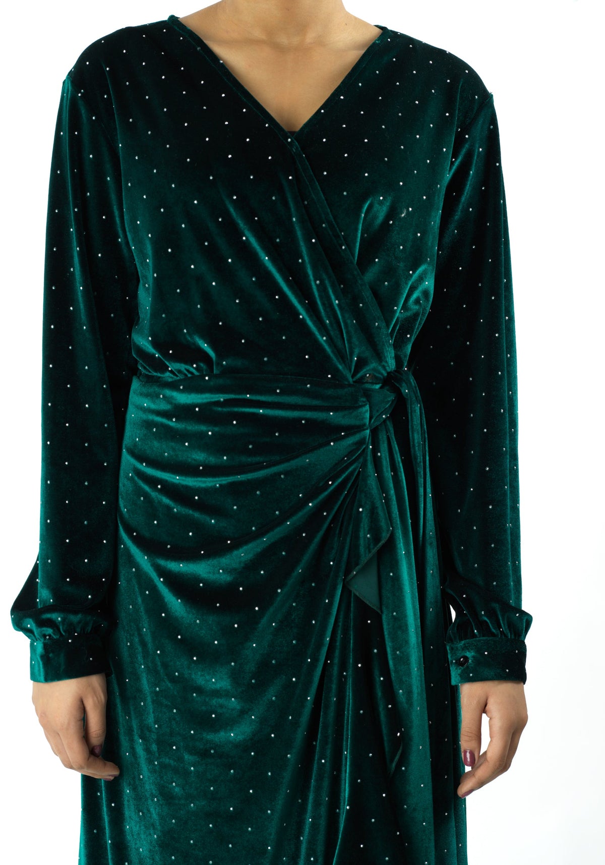 Emerald wrapped velvet modest maxi dress Kabayare