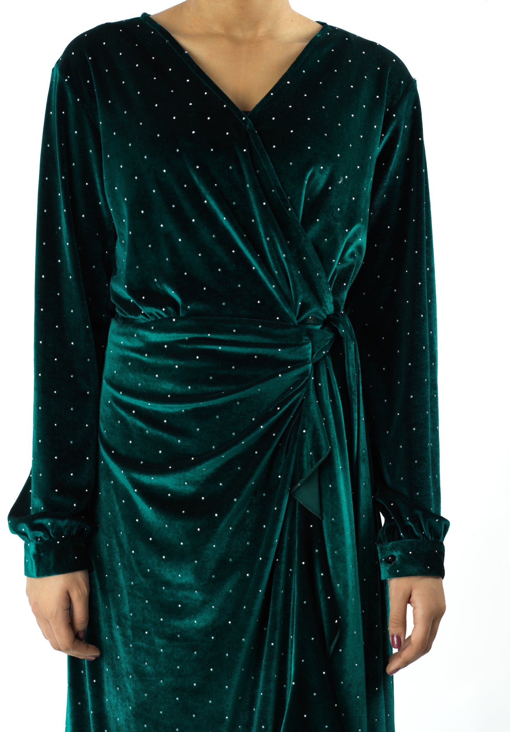 Emerald wrapped velvet modest maxi dress Kabayare