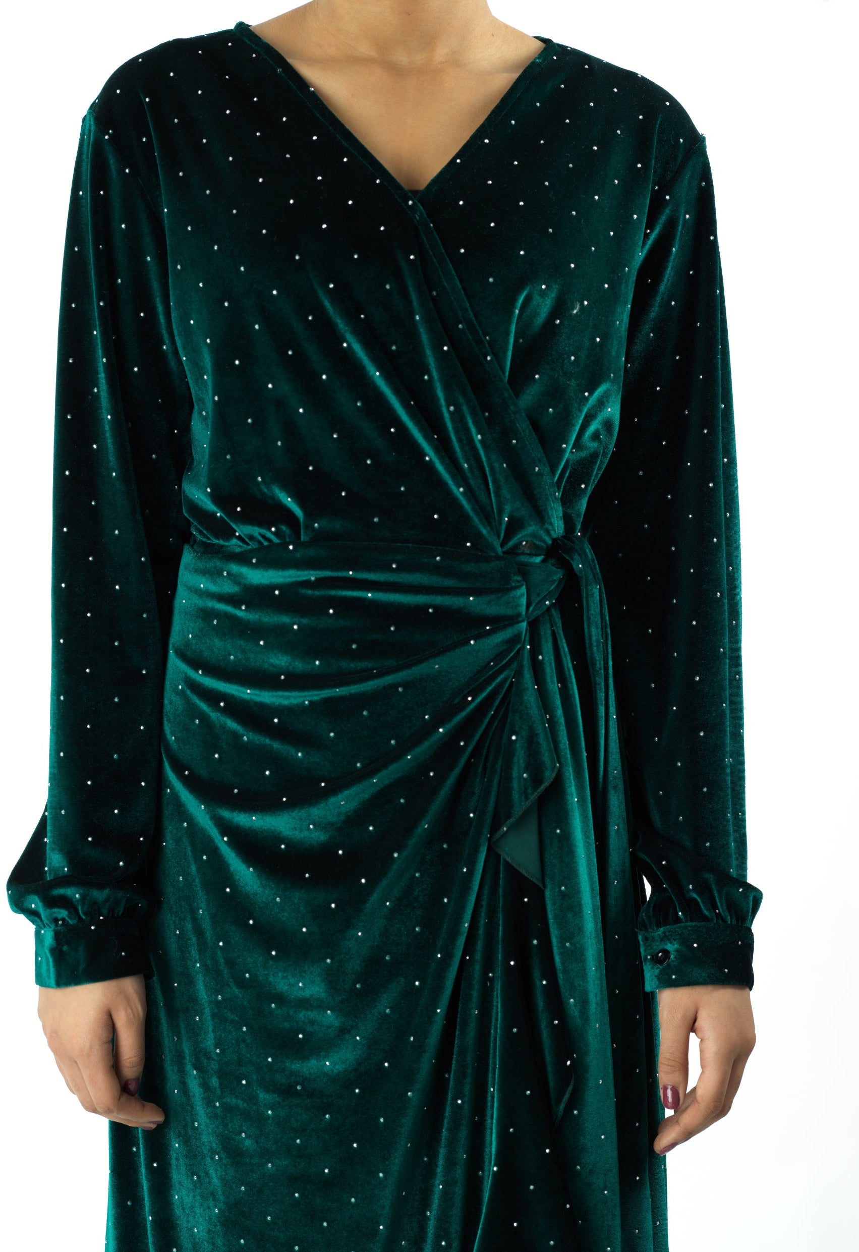 Emerald wrapped velvet modest maxi dress Kabayare