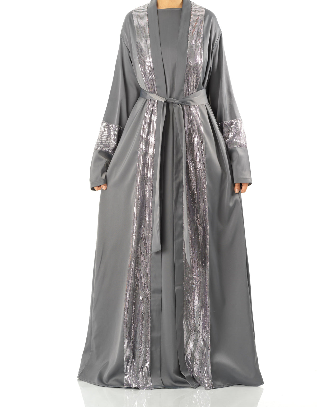 Gray Malika sequin Abaya satin set Kabayare