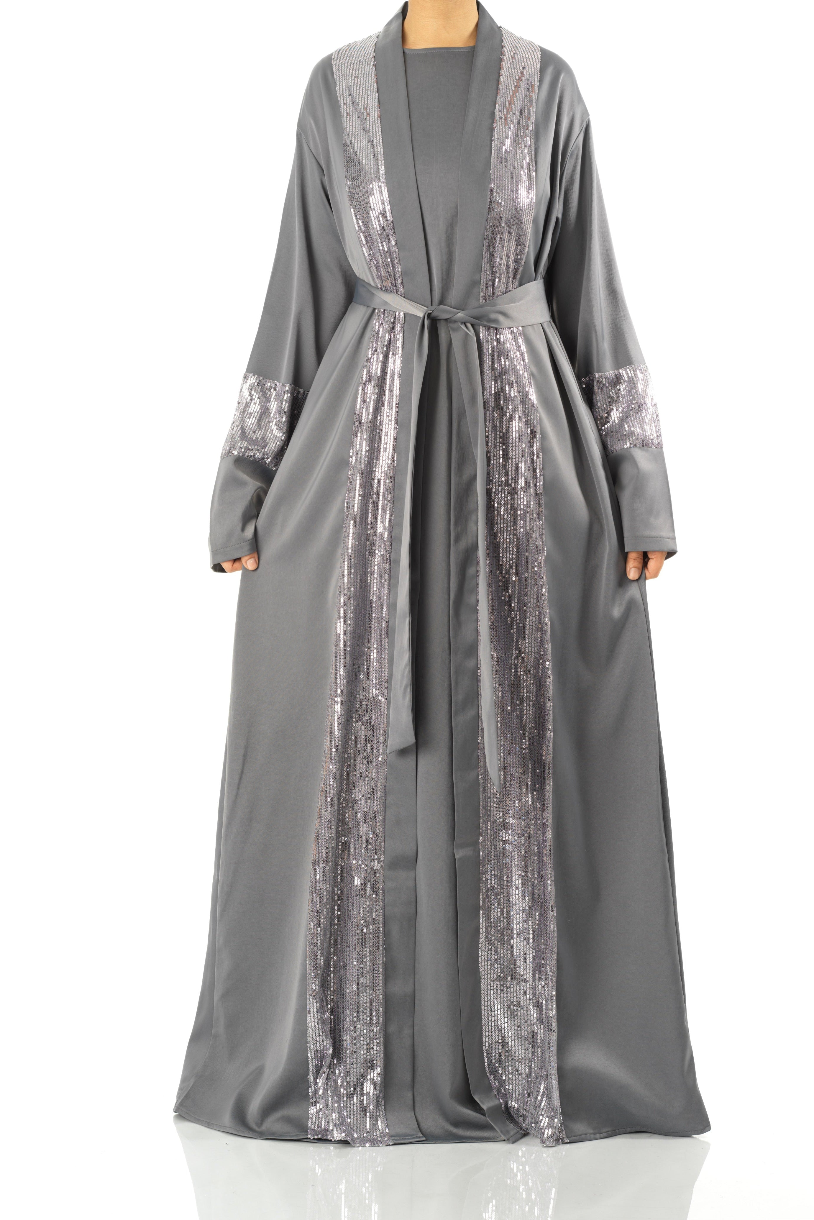 Gray Malika sequin Abaya satin set Kabayare