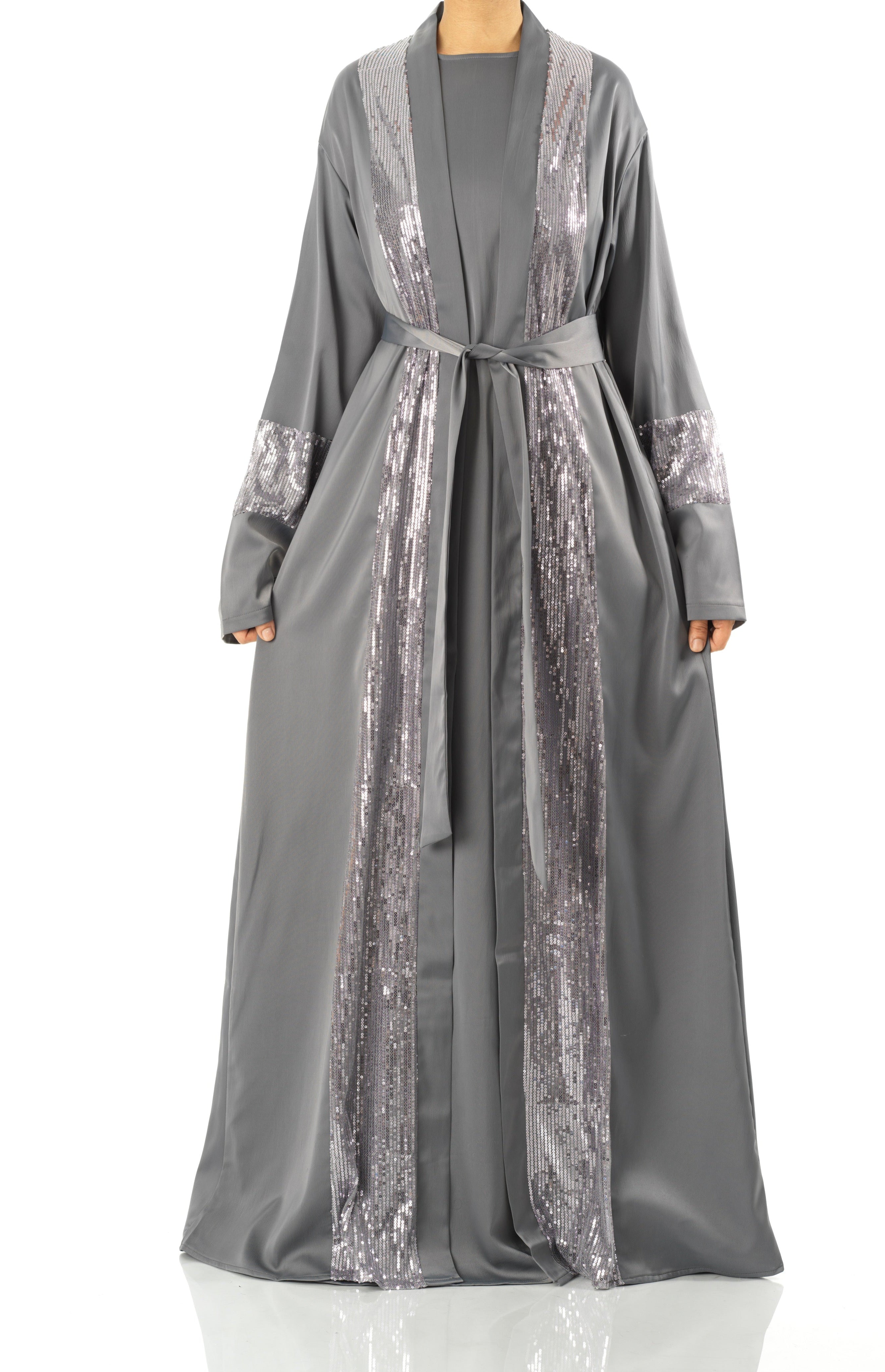 Gray Malika sequin Abaya satin set Kabayare