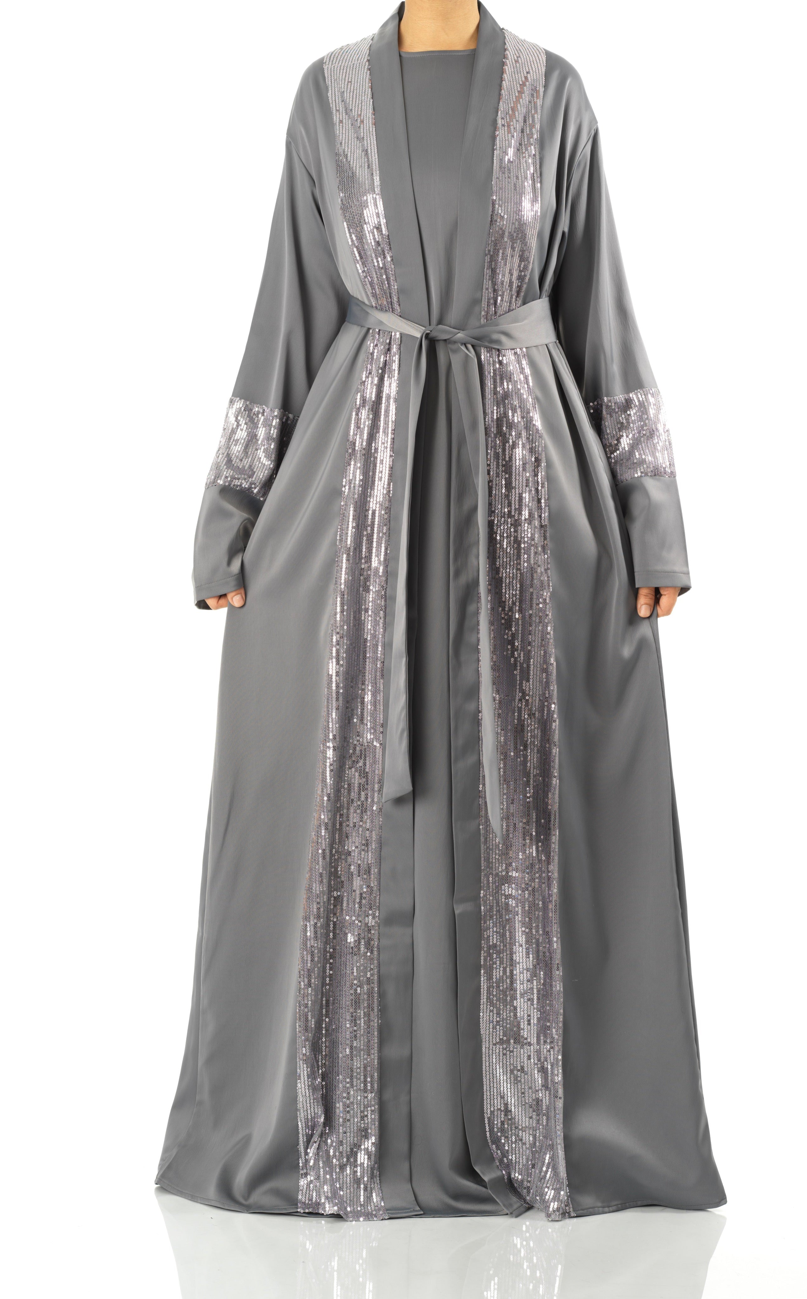 Gray Malika sequin Abaya satin set Kabayare