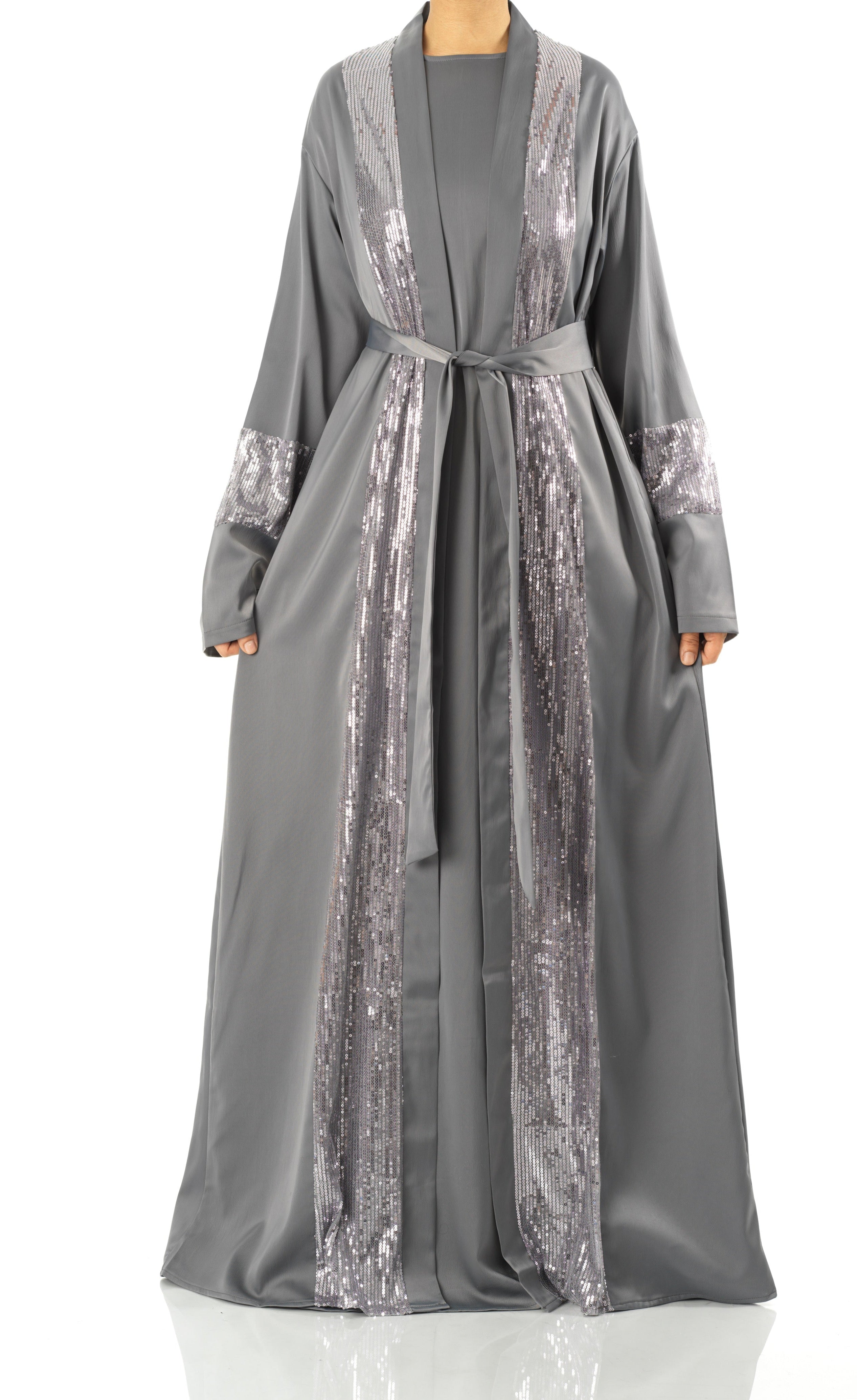 Gray Malika sequin Abaya satin set Kabayare