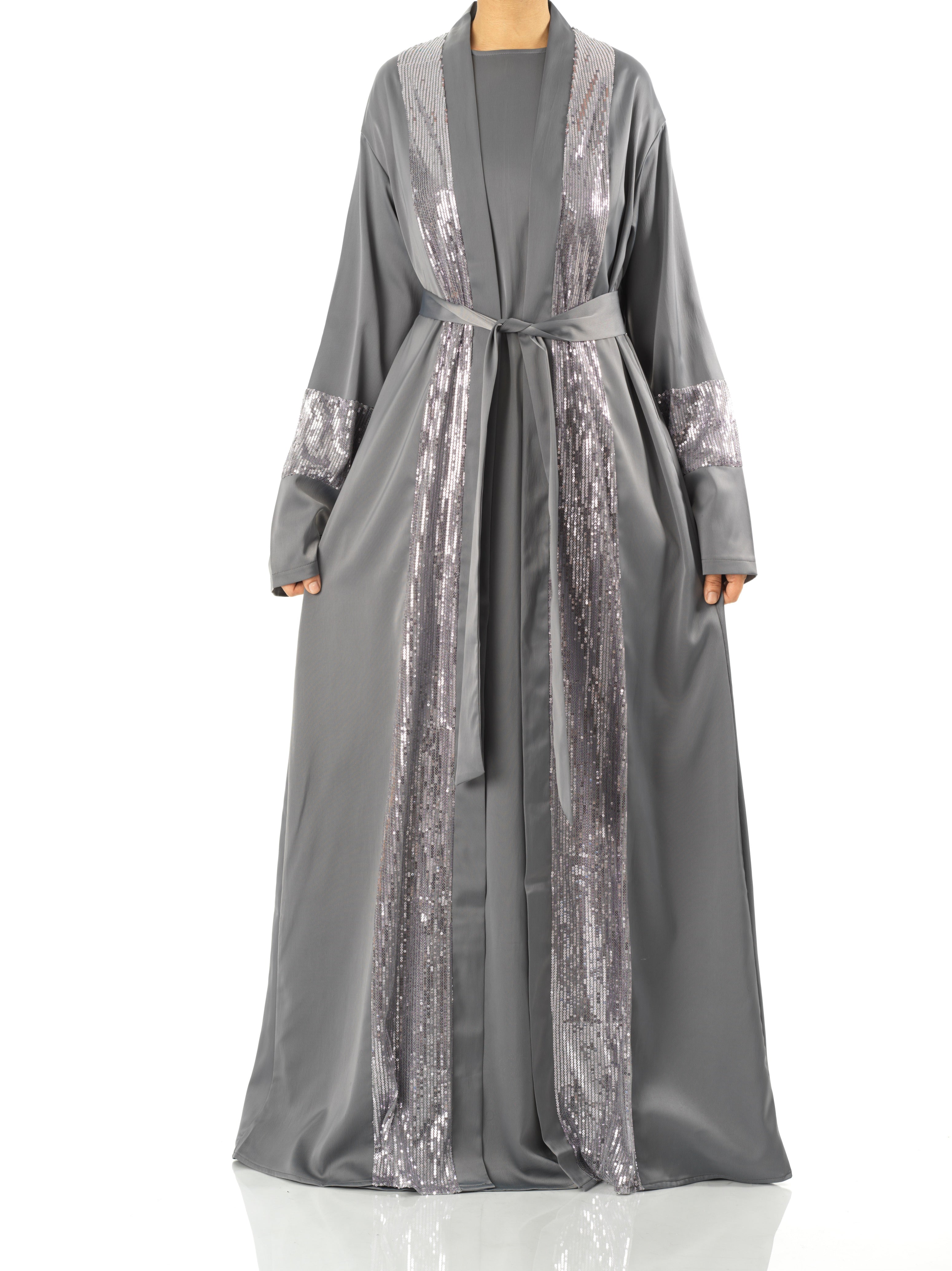 Gray Malika sequin Abaya satin set Kabayare