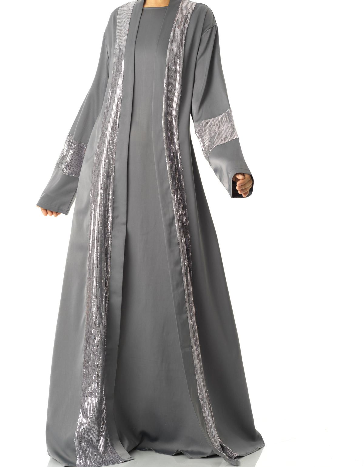 Gray Malika sequin Abaya satin set Kabayare