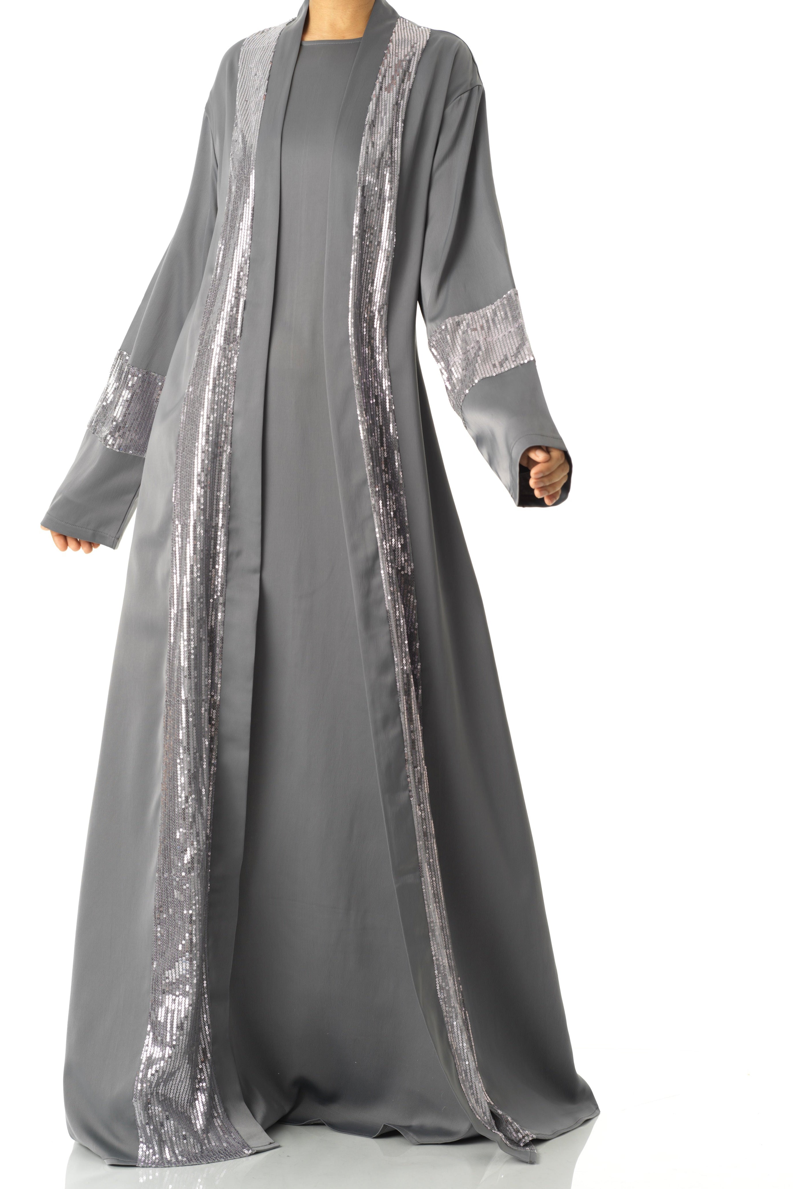 Gray Malika sequin Abaya satin set Kabayare