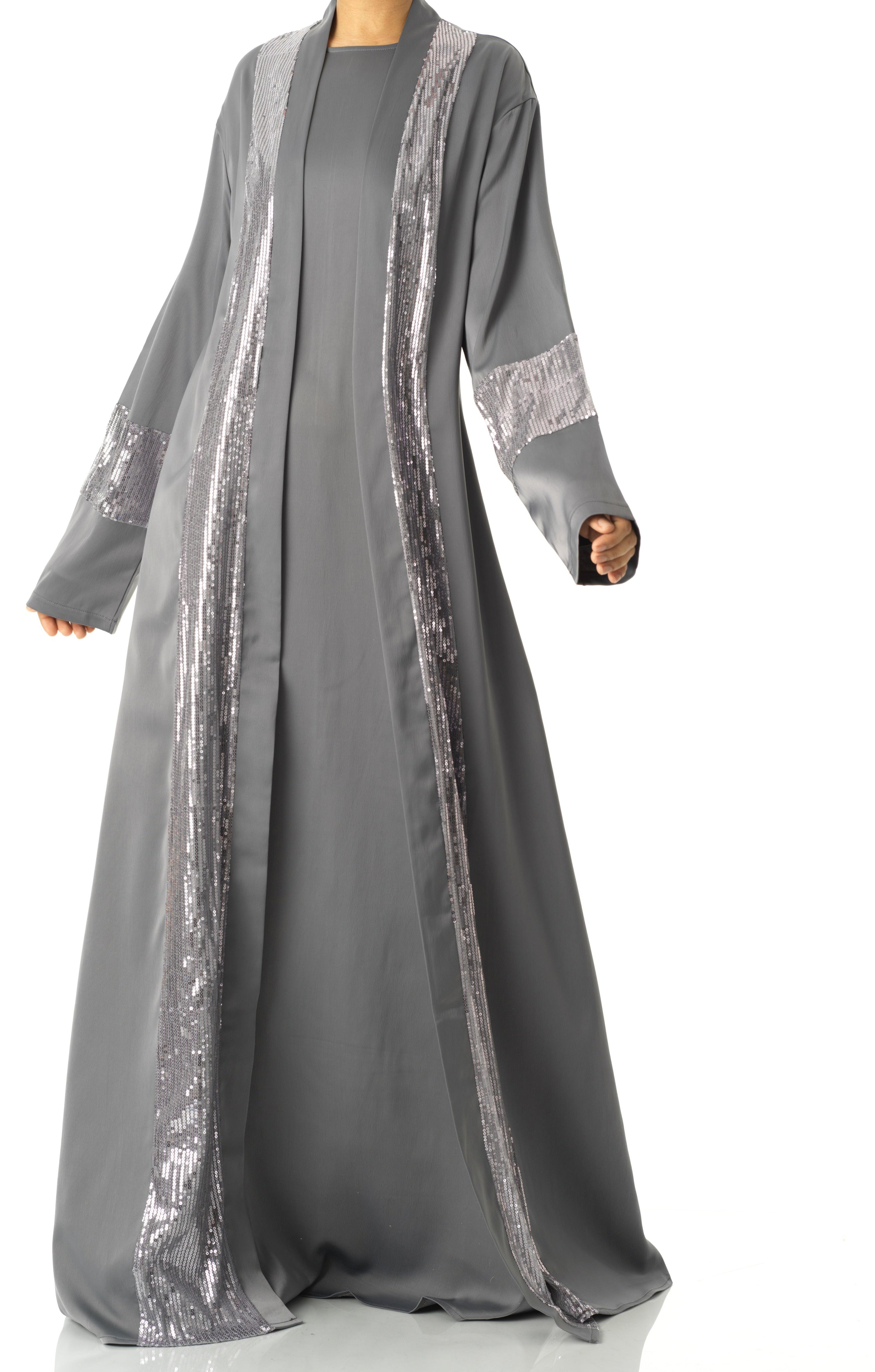 Gray Malika sequin Abaya satin set Kabayare