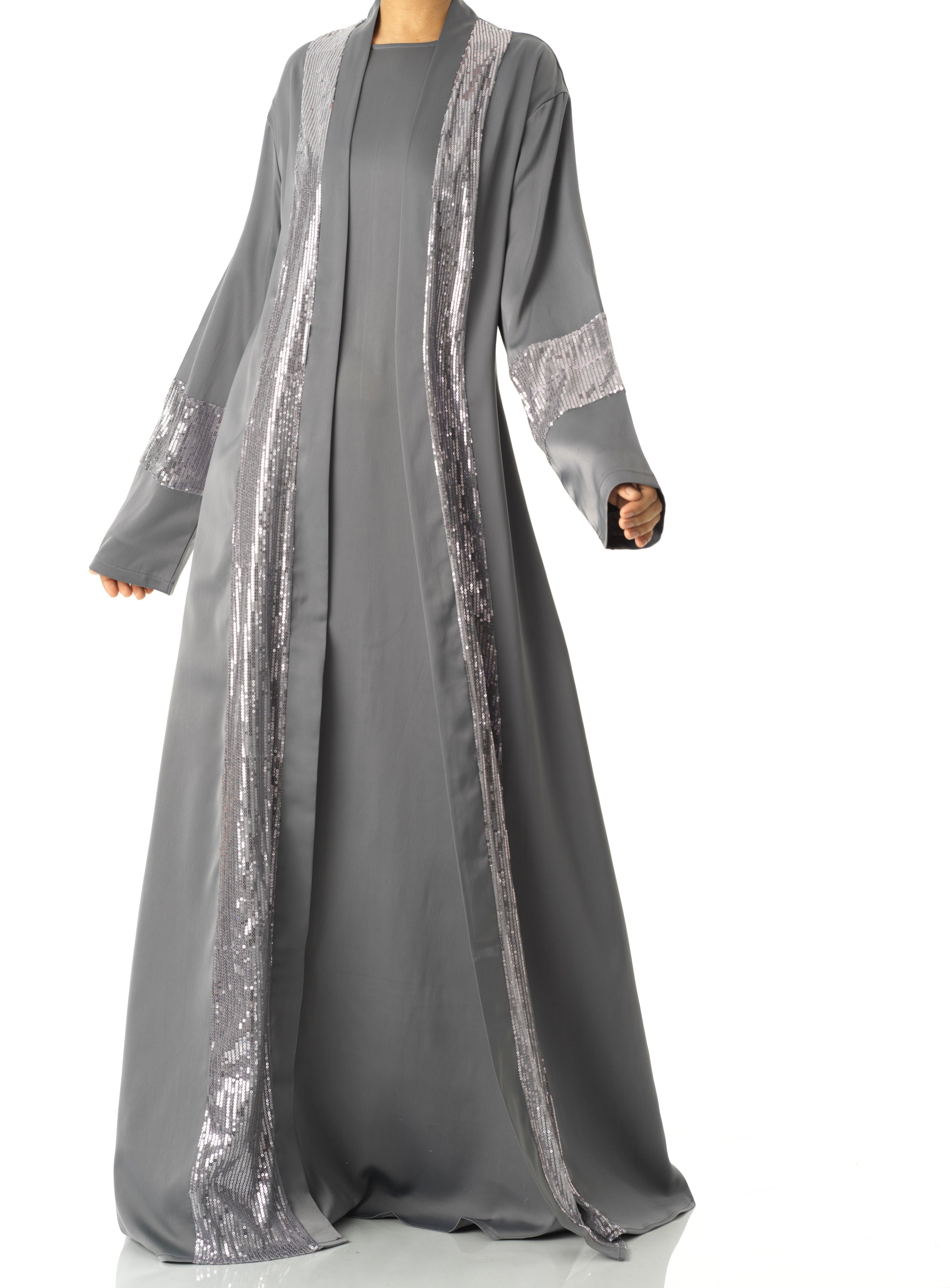 Gray Malika sequin Abaya satin set Kabayare