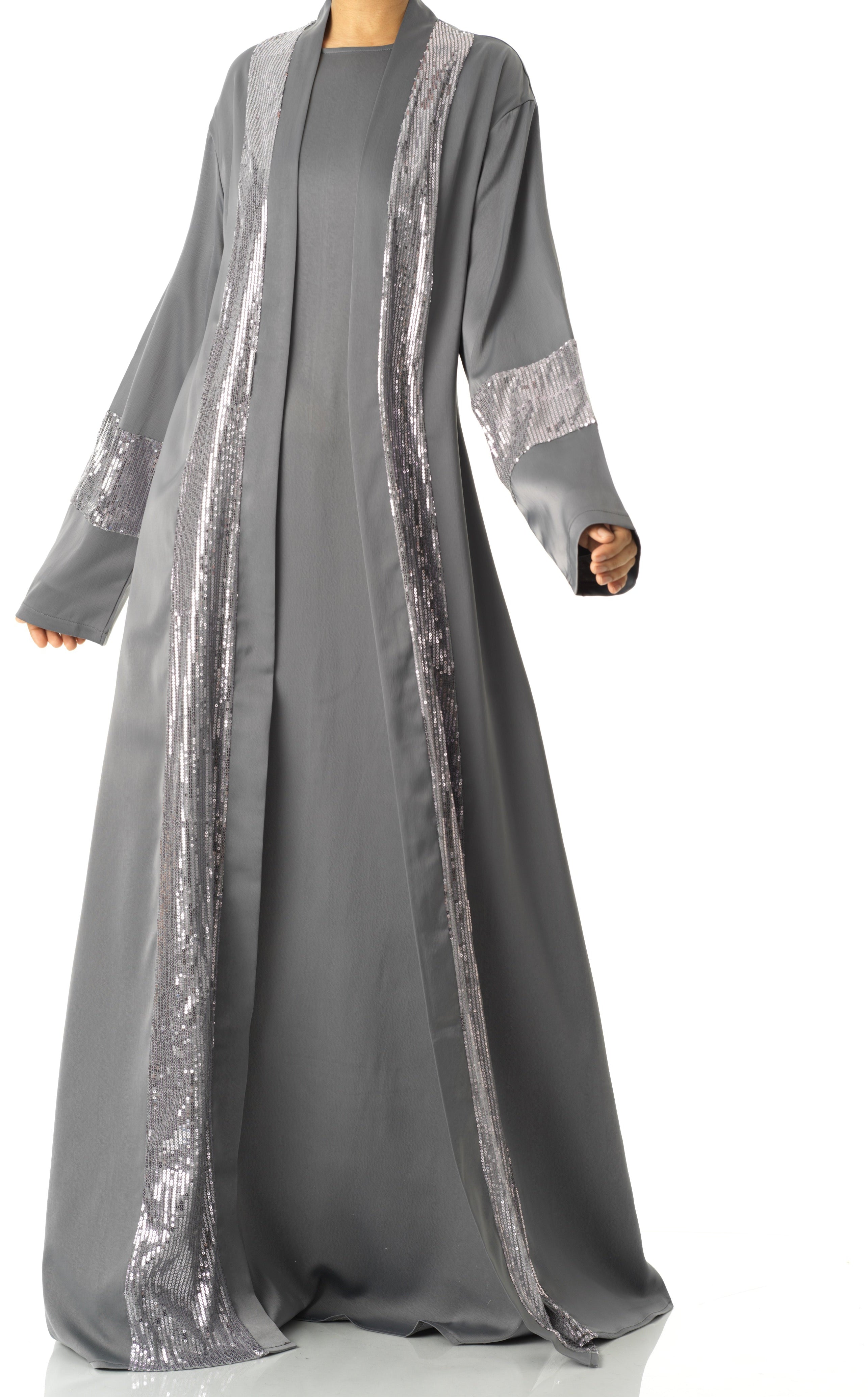 Gray Malika sequin Abaya satin set Kabayare