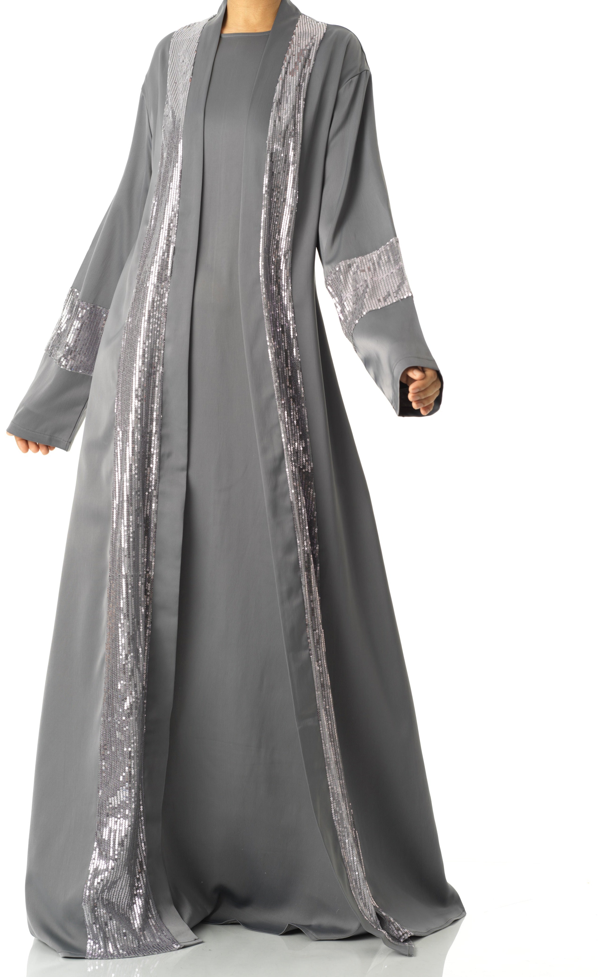 Gray Malika sequin Abaya satin set Kabayare