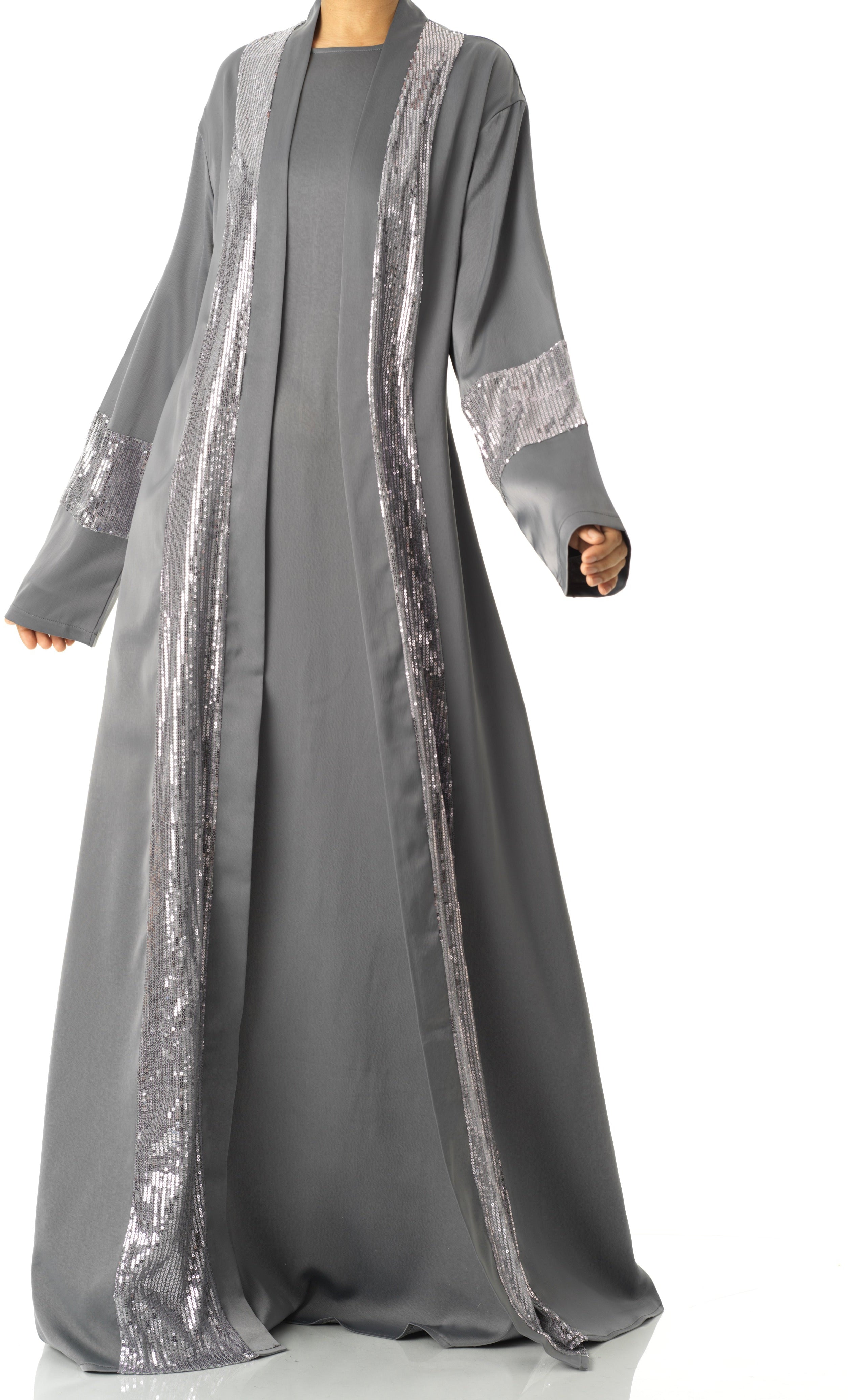 Gray Malika sequin Abaya satin set Kabayare