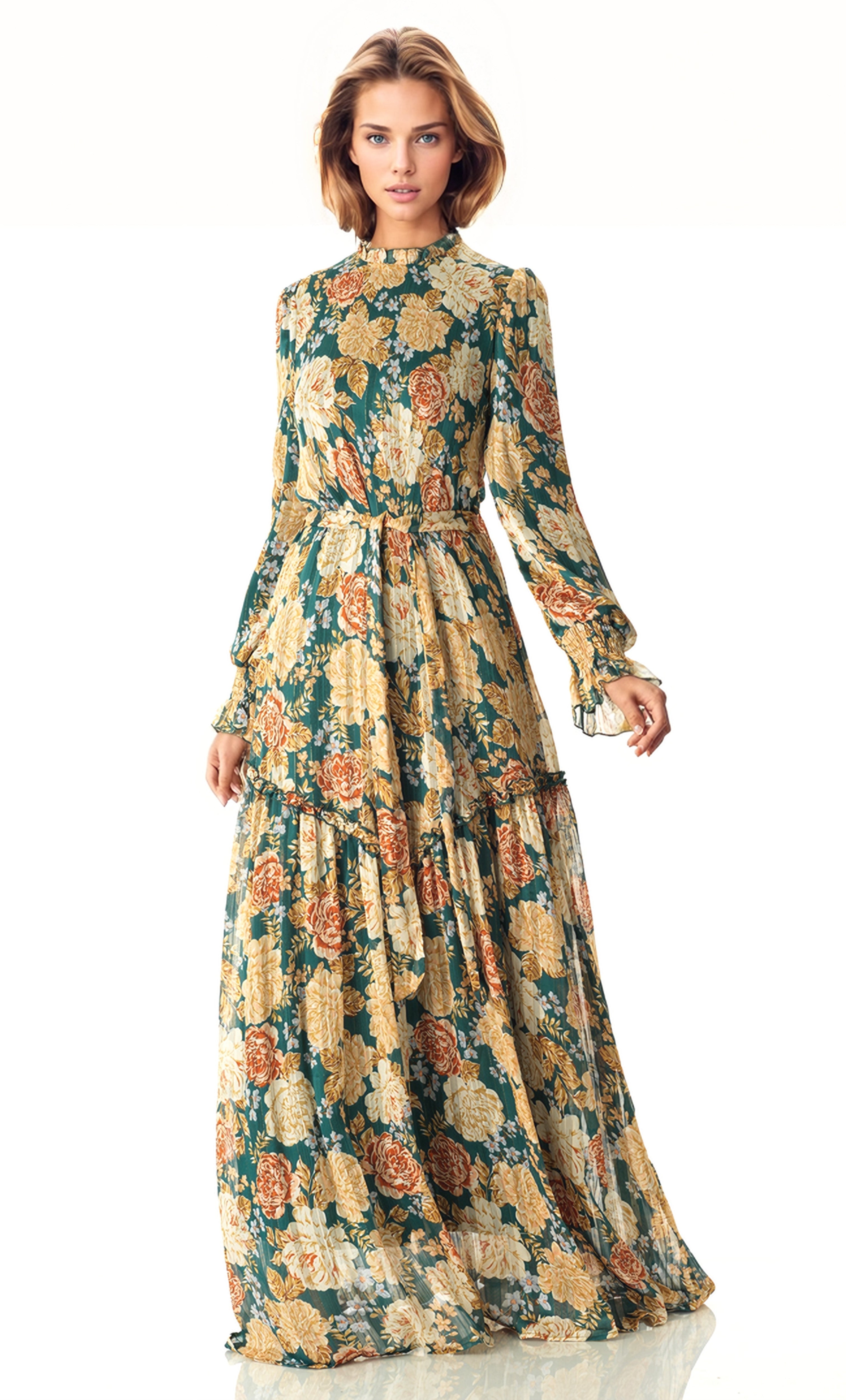 Green Beautiful golden Peony floral modest maxi dress Kabayare