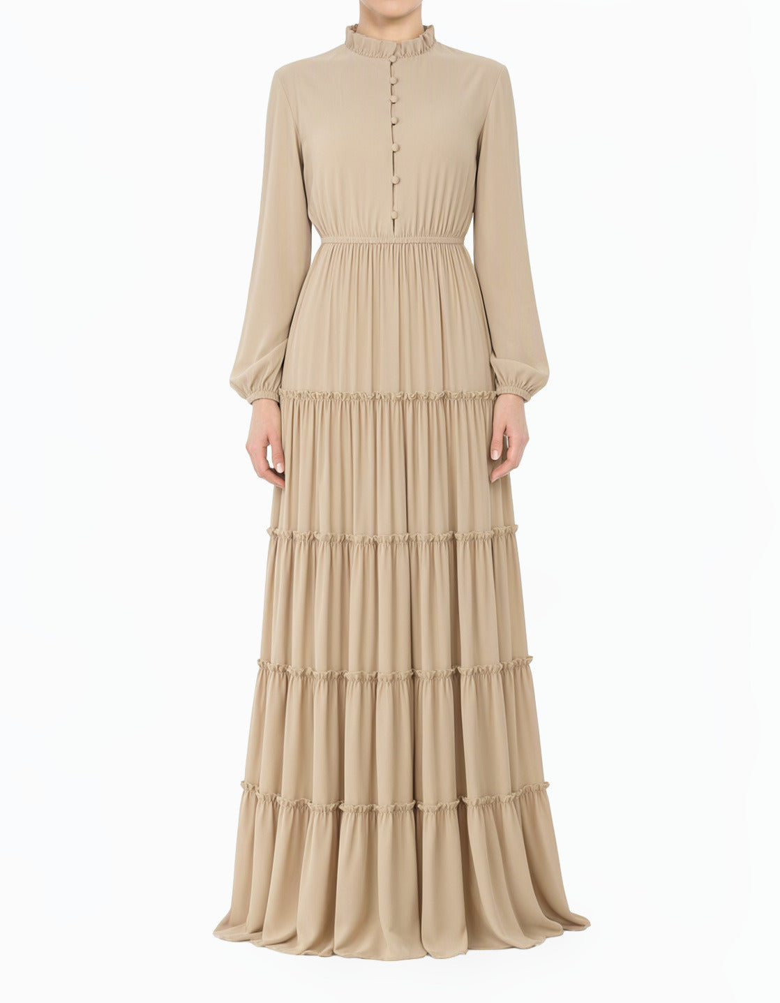 Beige Anitta Tiered Chiffon Modest Maxi Dress