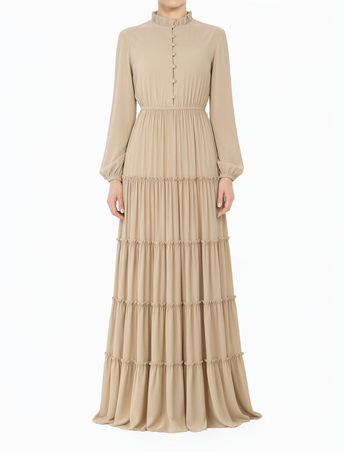 Beige Anitta Tiered Chiffon Modest Maxi Dress