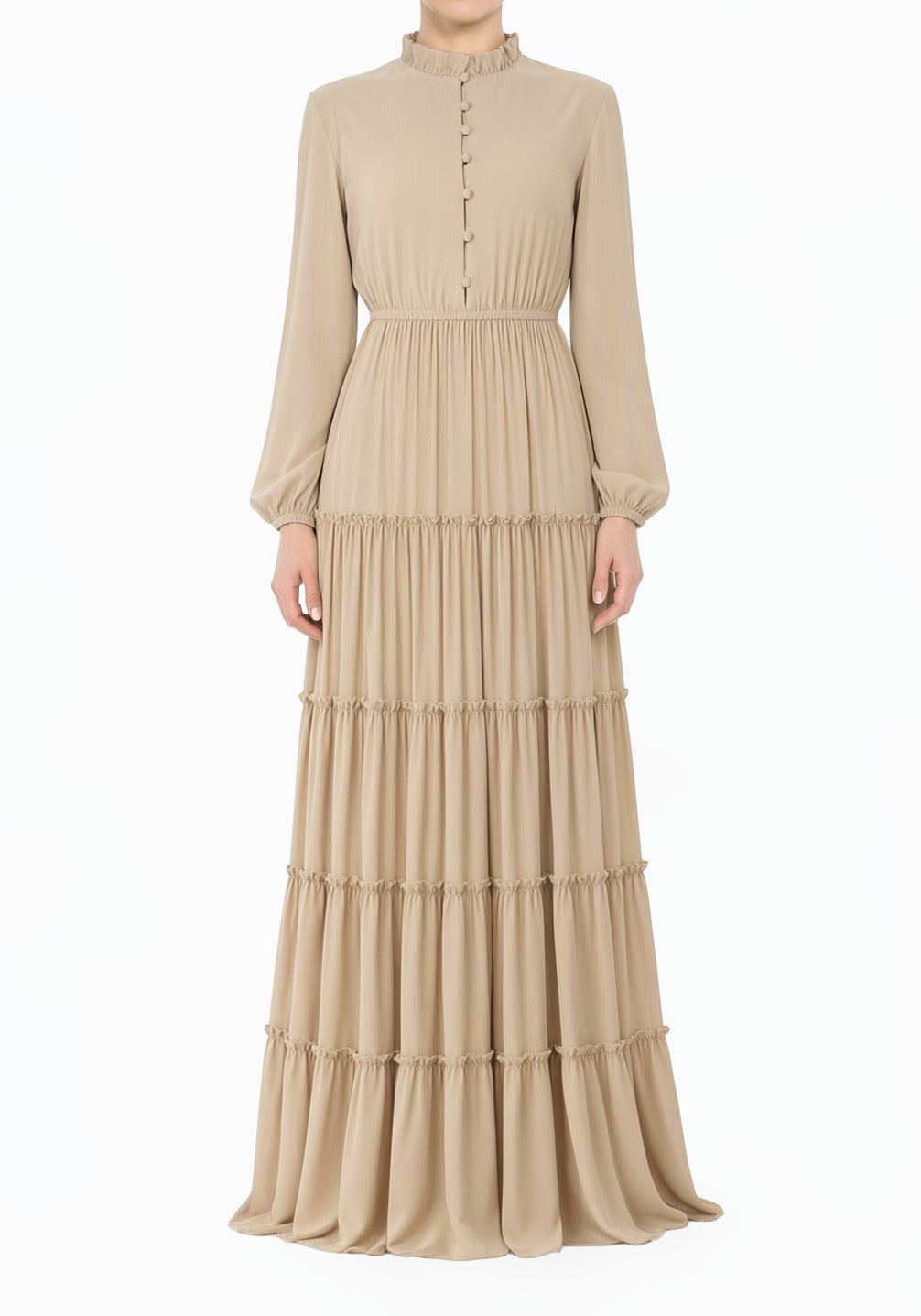 Beige Anitta Tiered Chiffon Modest Maxi Dress