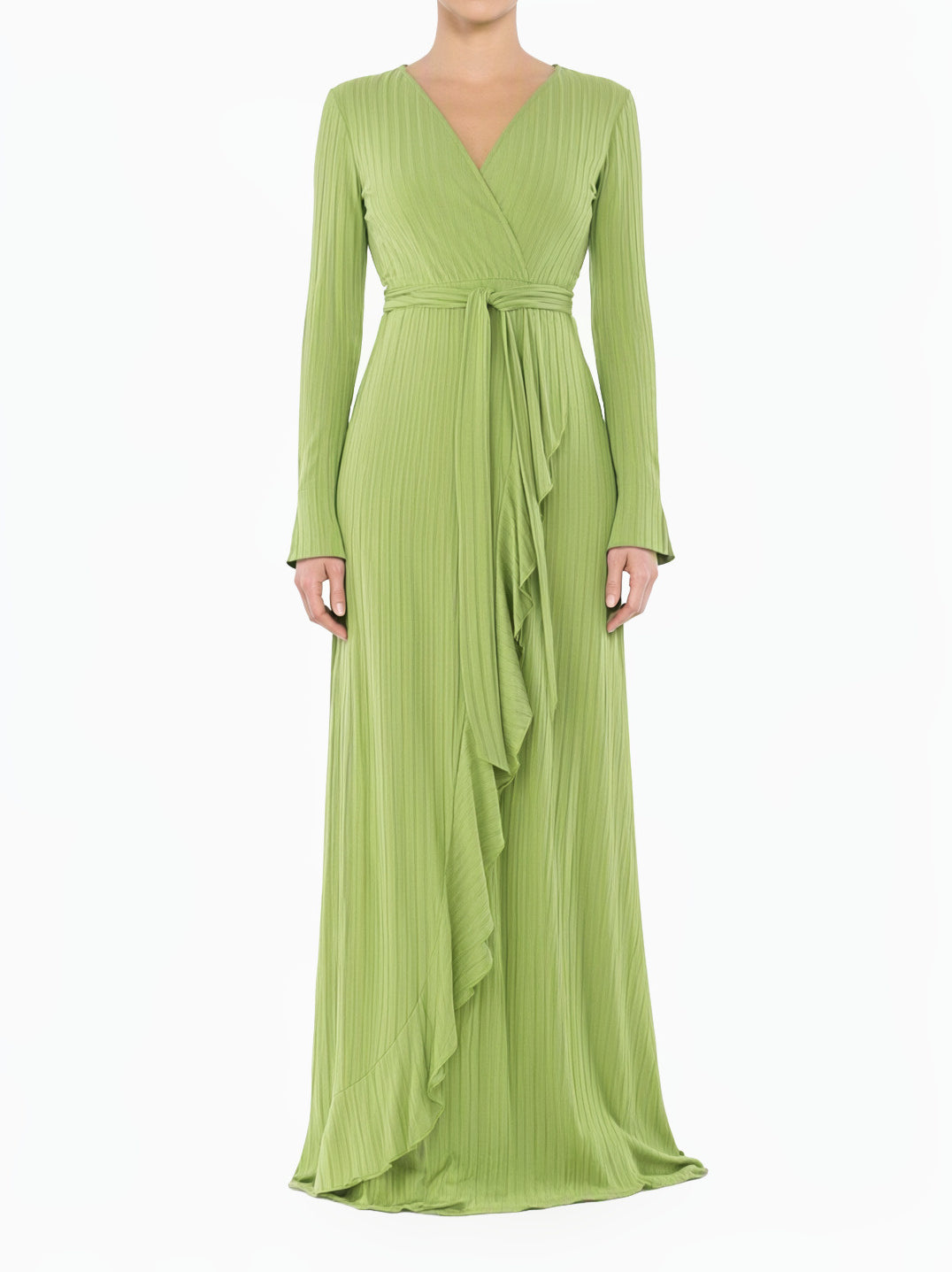 Apple Green Ruffles ribbed wrapped modest maxi dress