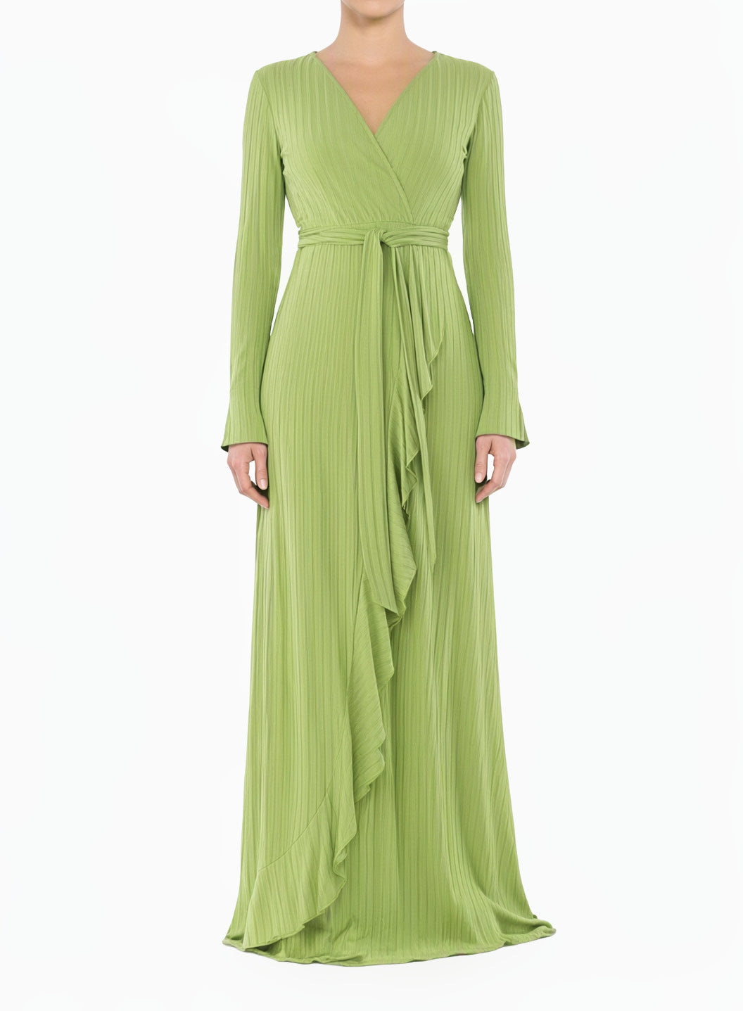 Apple Green Ruffles ribbed wrapped modest maxi dress