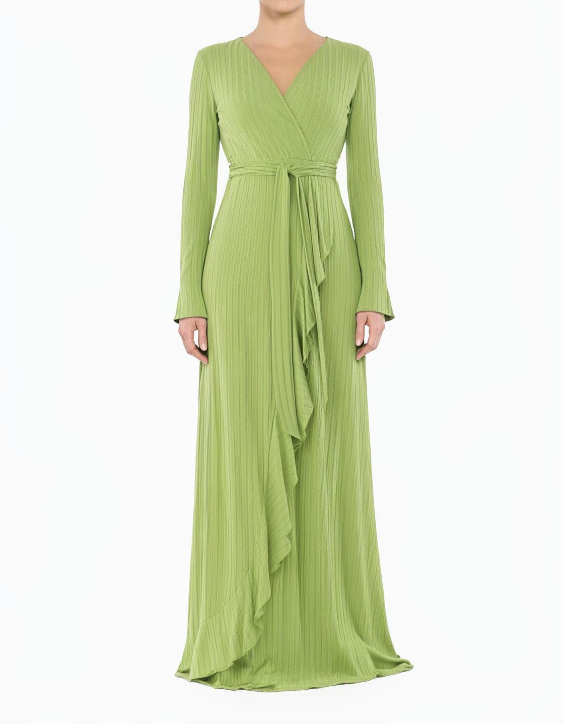 Apple Green Ruffles ribbed wrapped modest maxi dress