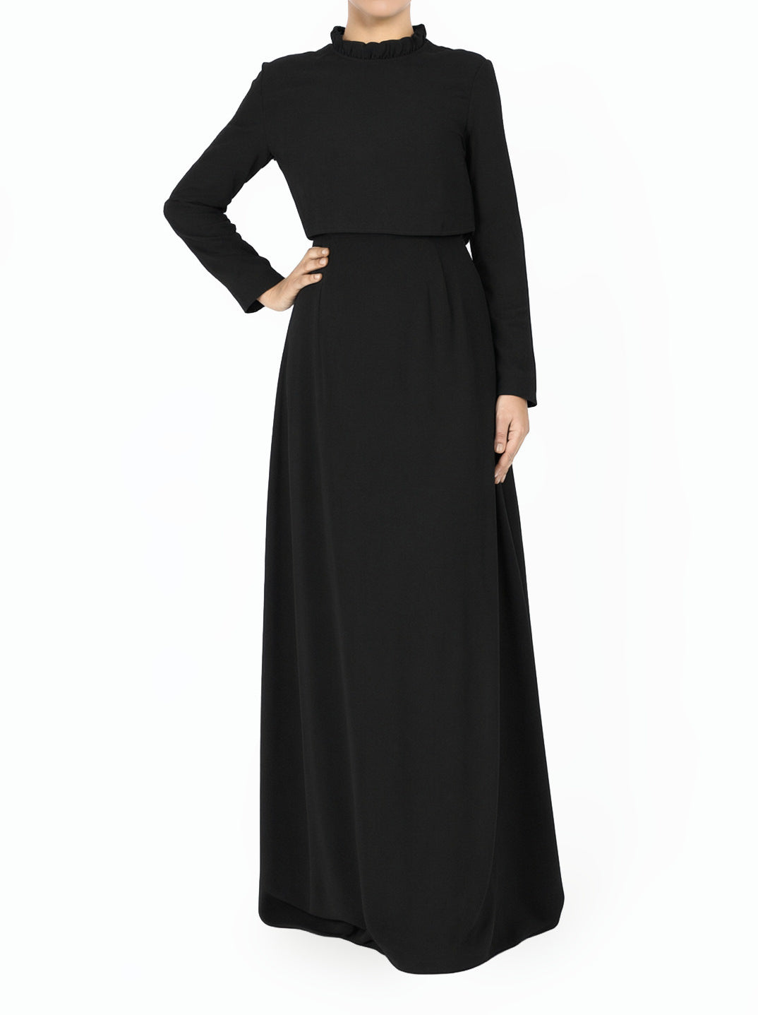 Black Aurora Crepe High Neck Crop Modest Dress