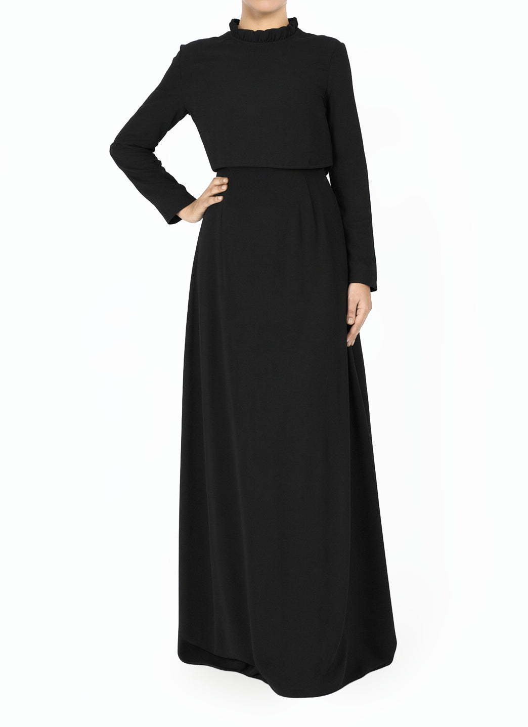Black Aurora Crepe High Neck Crop Modest Dress