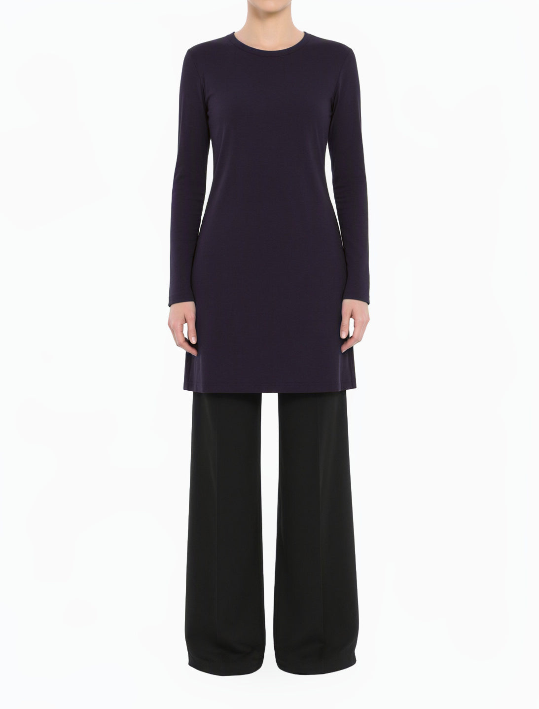 Navy Blue Basic Modest Long Sleeve Cotton Midi Top