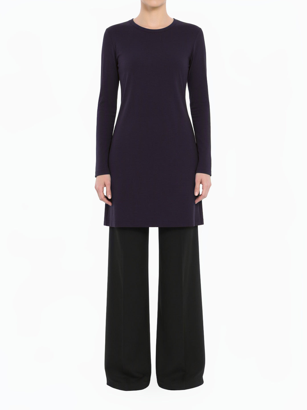 Navy Blue Basic Modest Long Sleeve Cotton Midi Top