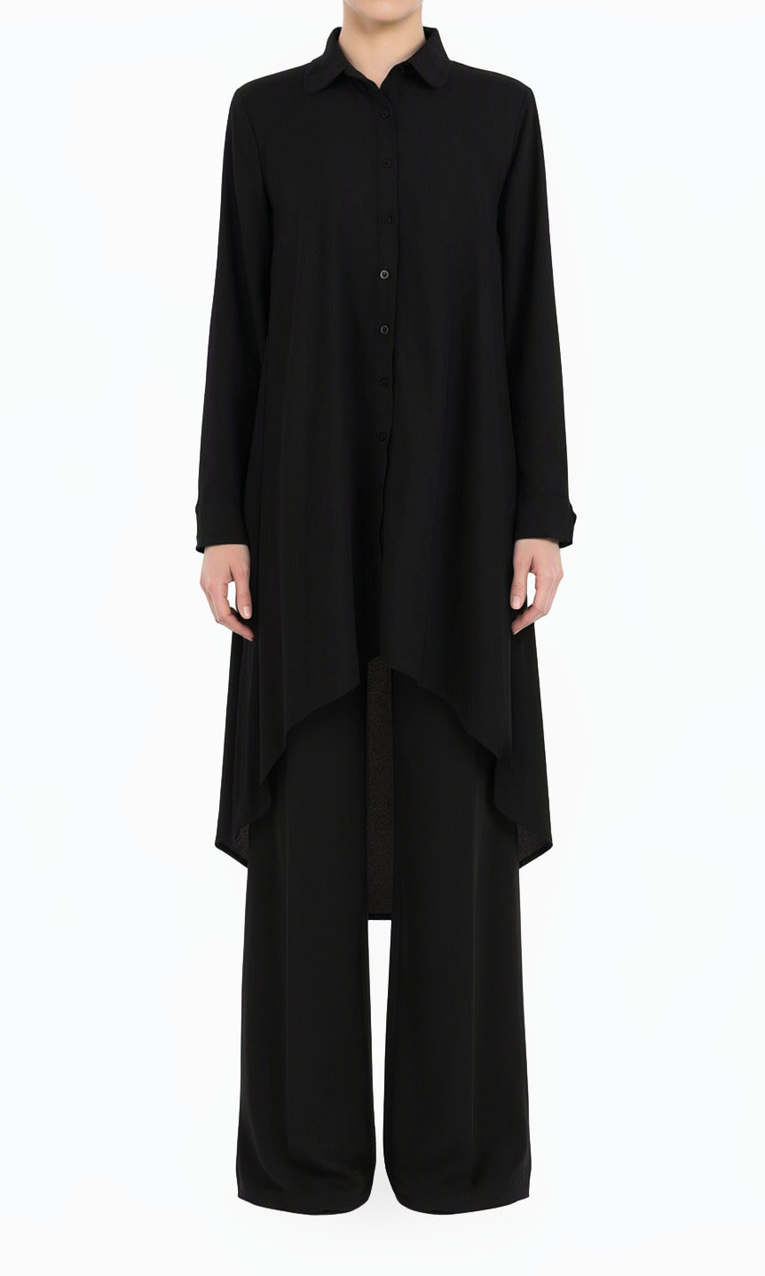 Black Amira Crepe button Down Hi-Low Top