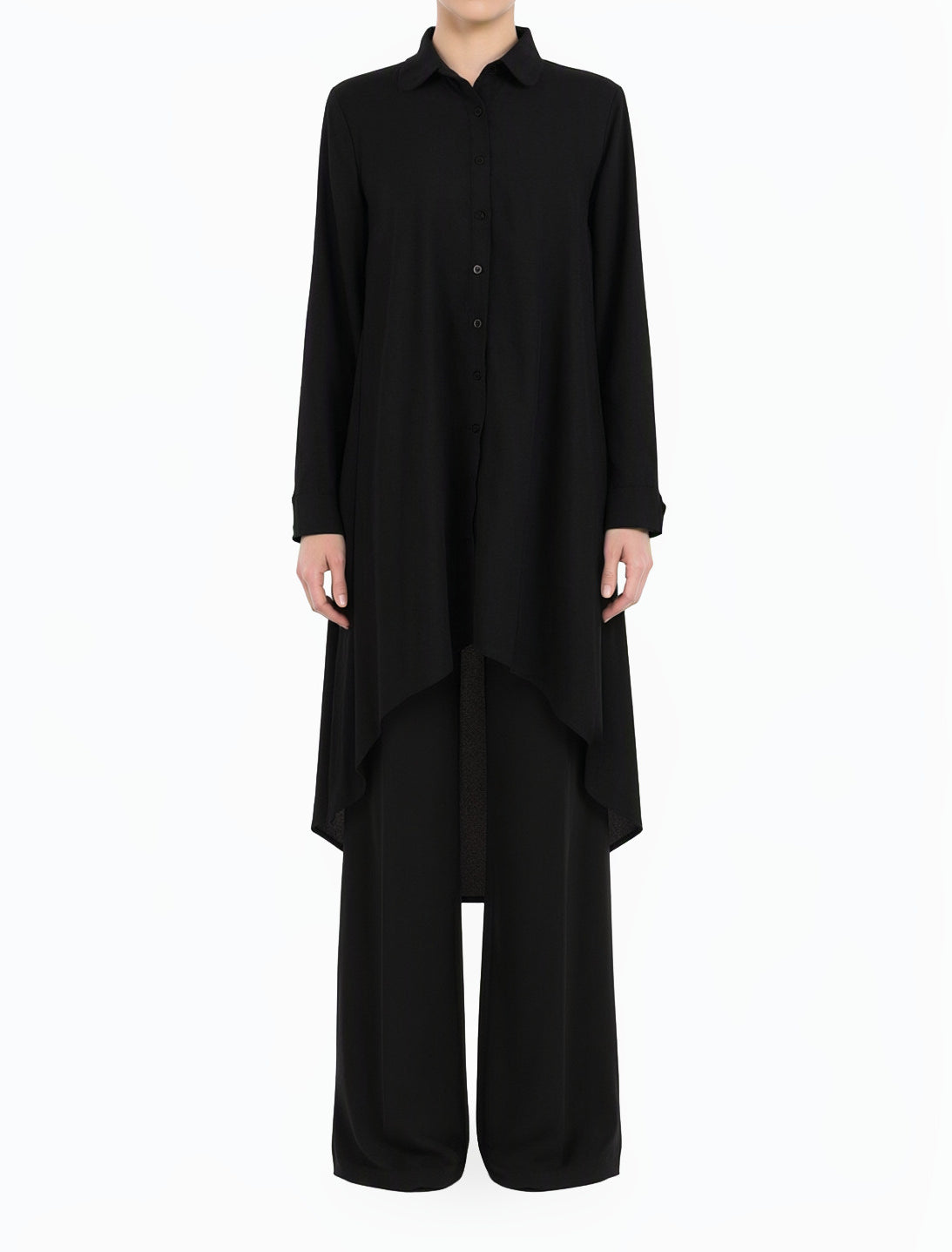 Black Amira Crepe button Down Hi-Low Top