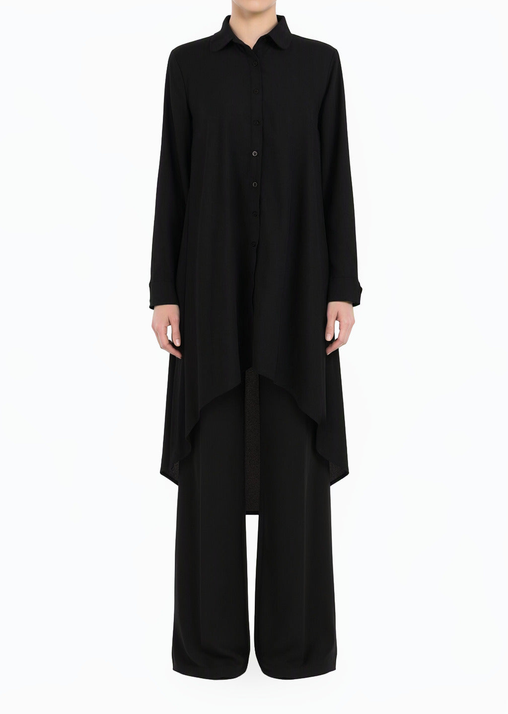 Black Amira Crepe button Down Hi-Low Top