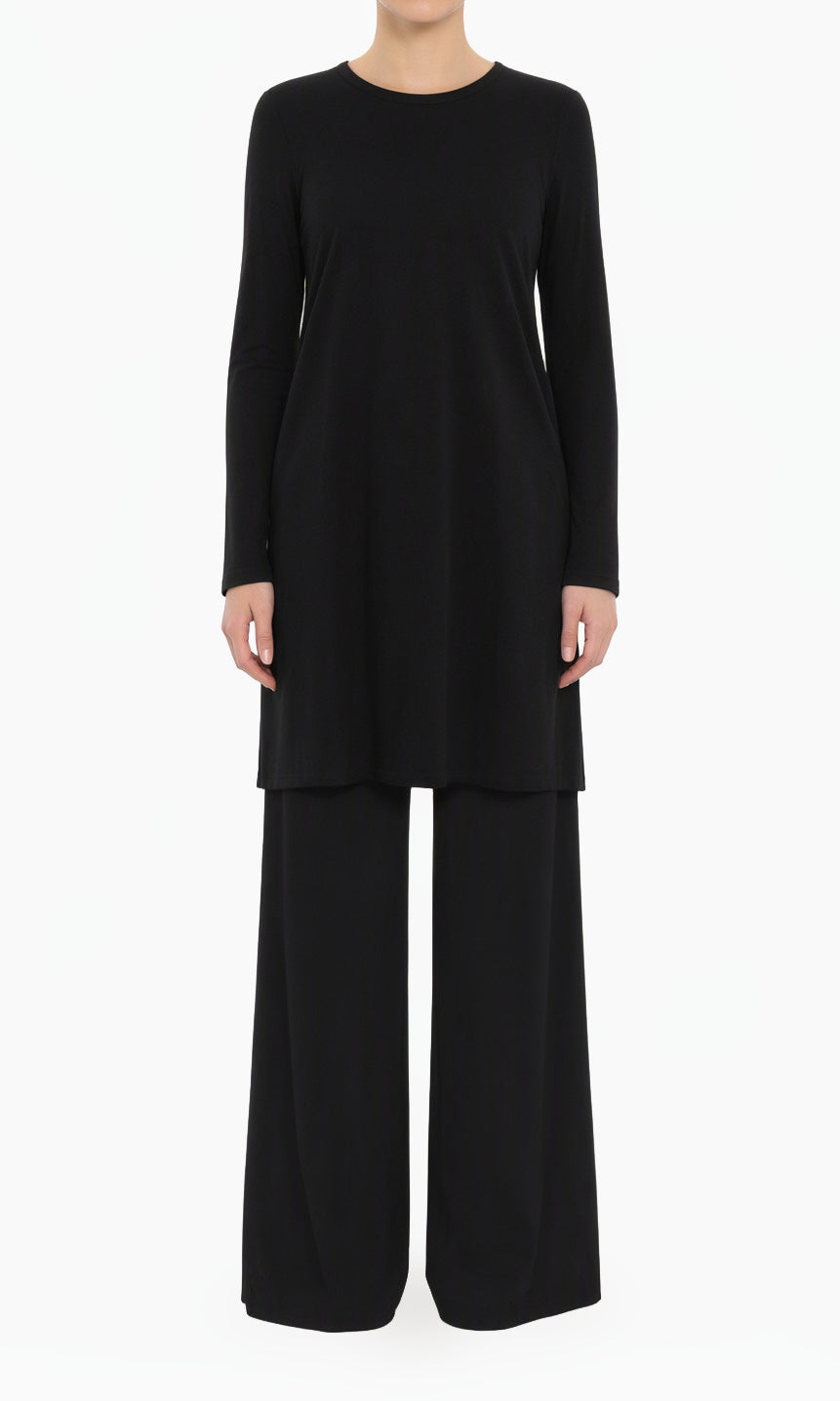 Black Basic Modest Long Sleeve Cotton Midi Top
