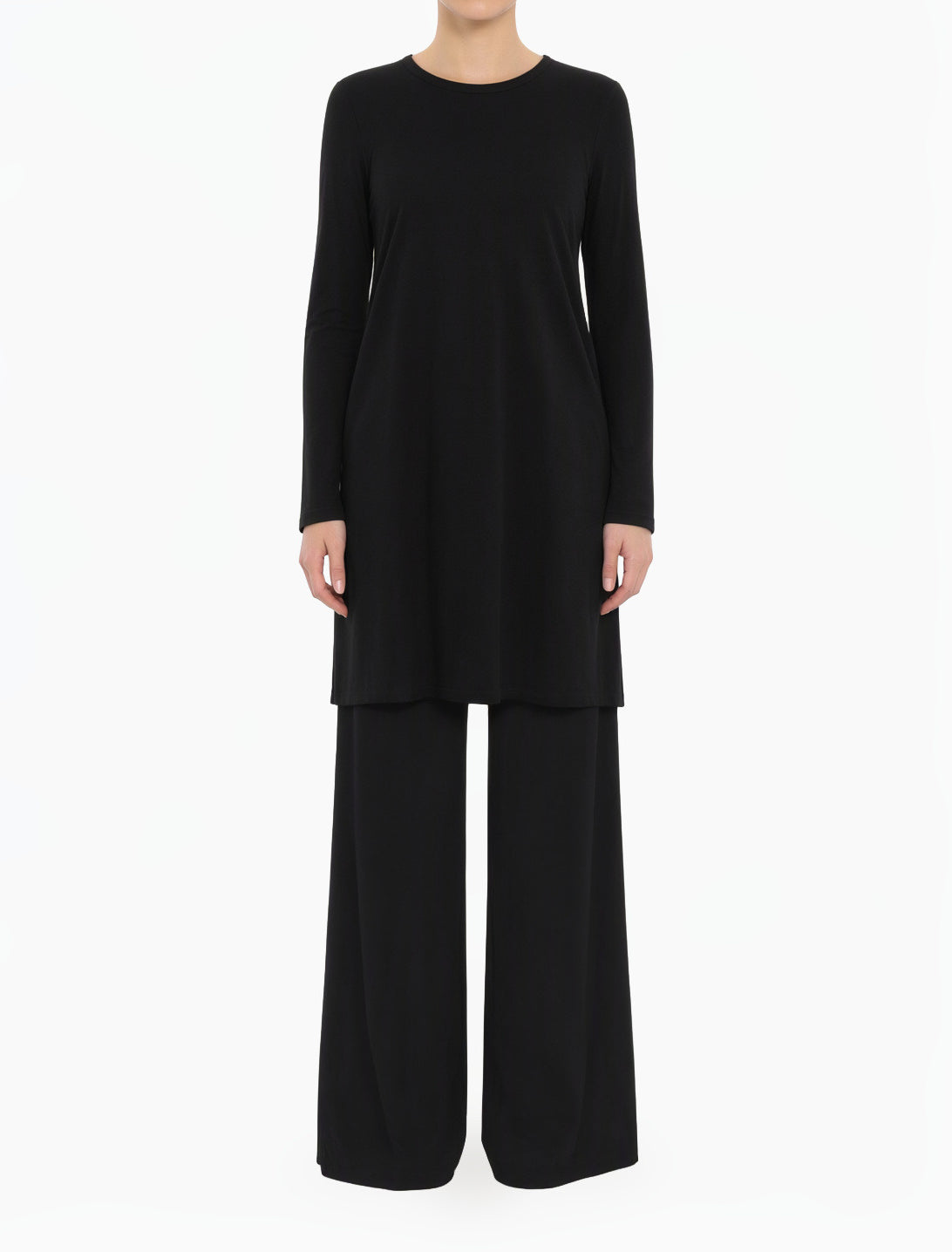 Black Basic Modest Long Sleeve Cotton Midi Top
